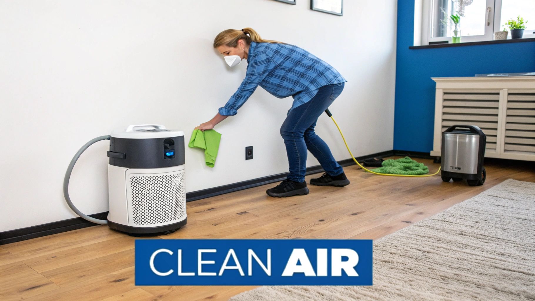 A modern living room with clean air, featuring an air purifier running in the corner.