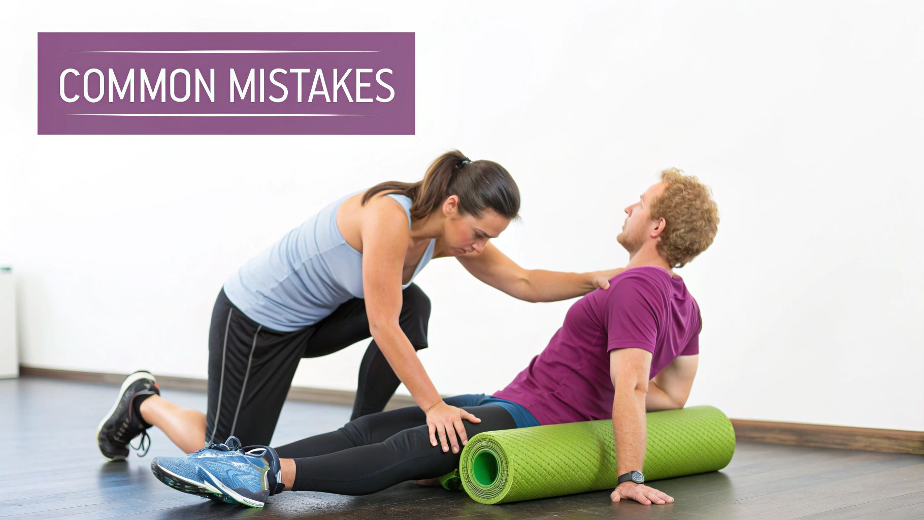 A woman assists a man lying on a green yoga mat, likely correcting his exercise posture, with 'COMMON MISTAKES' visible.