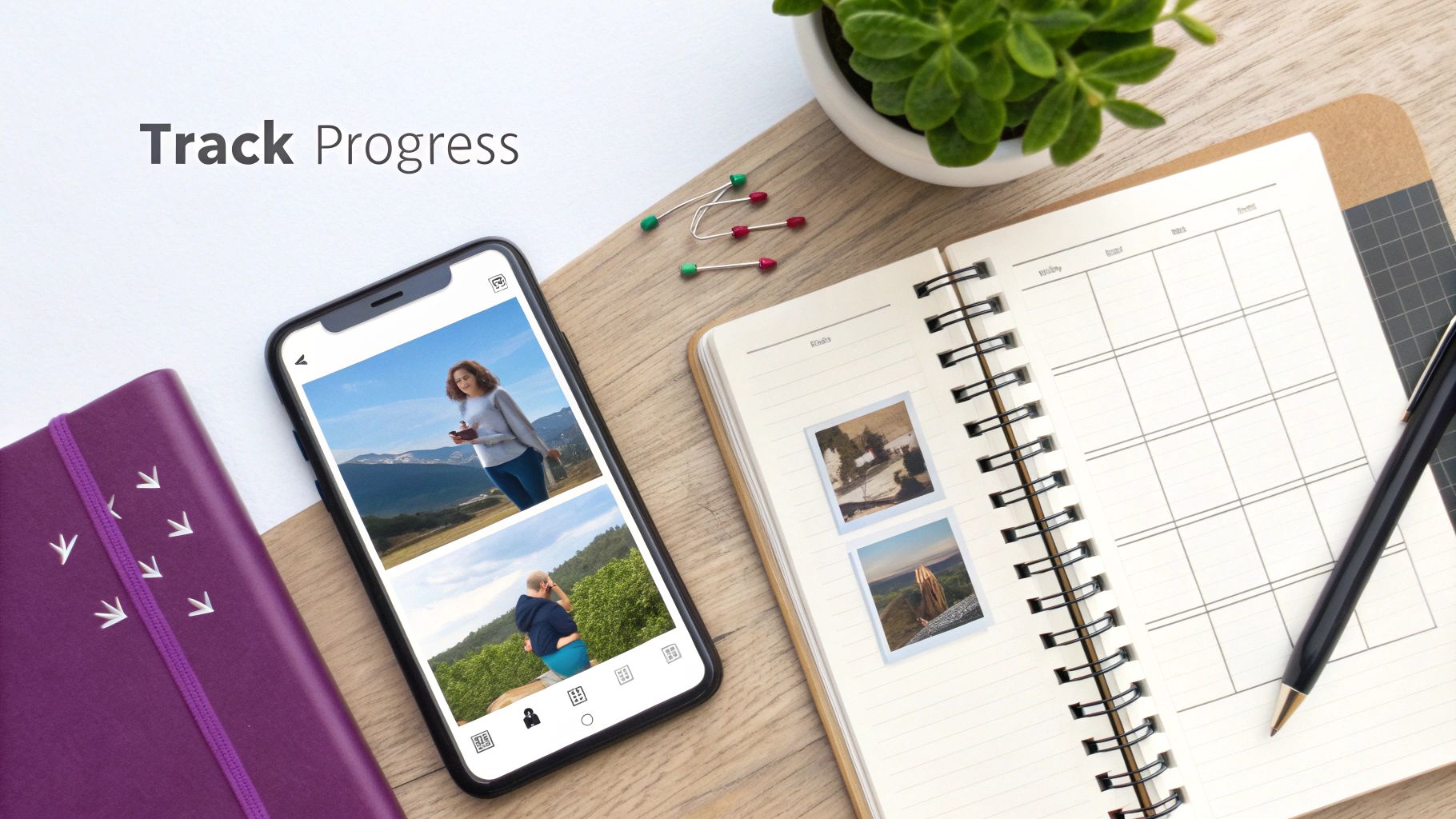 Flat lay of a desk with a smartphone showing progress photos, a planner, pen, and journal, illustrating progress tracking.