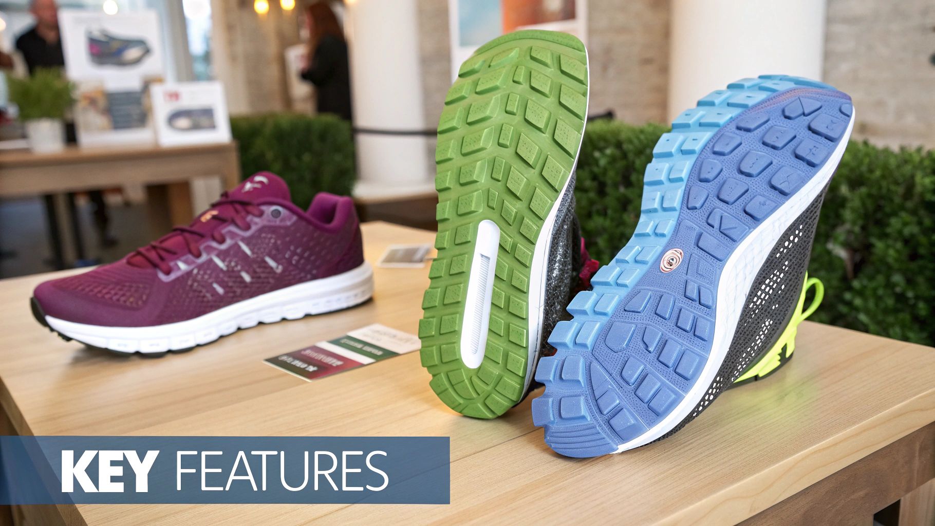 A detailed diagram showing the different parts of a modern running shoe, with labels like Midsole, Outsole, and Upper.