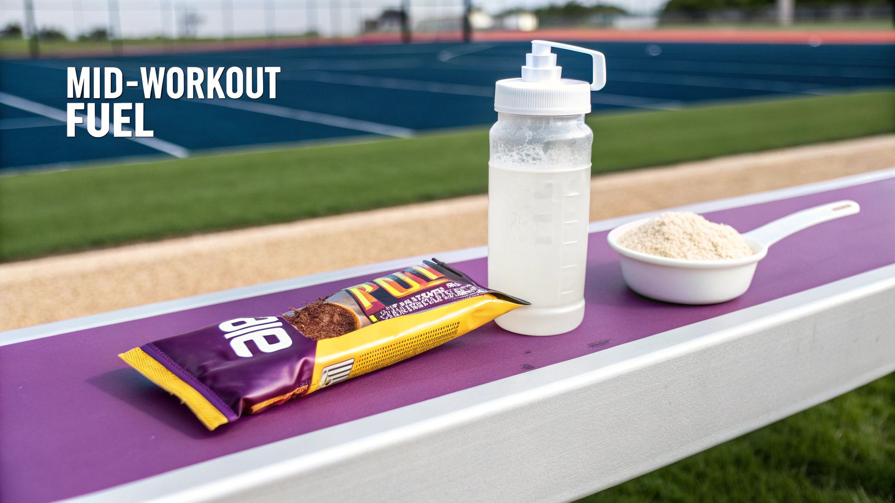 A person preparing a protein shake after a workout, with fresh fruit and a protein bar on the counter.