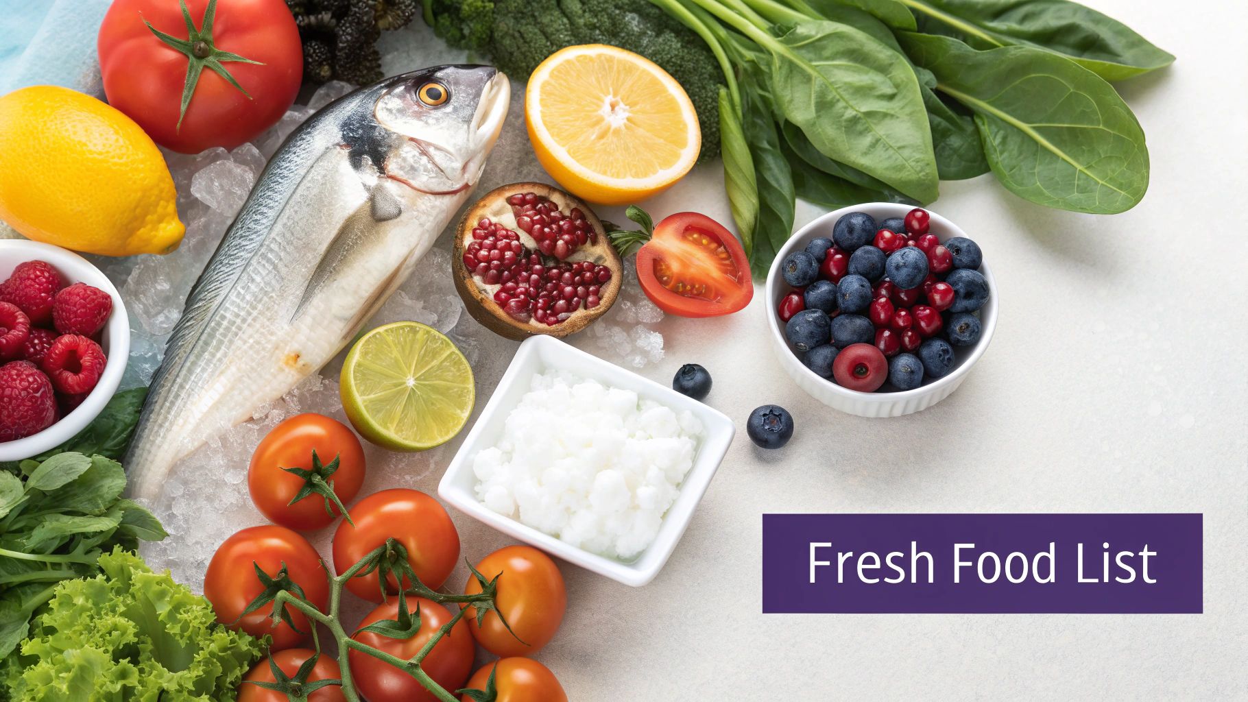 A vibrant assortment of fresh fish, berries, citrus fruits, and vegetables laid out on ice.