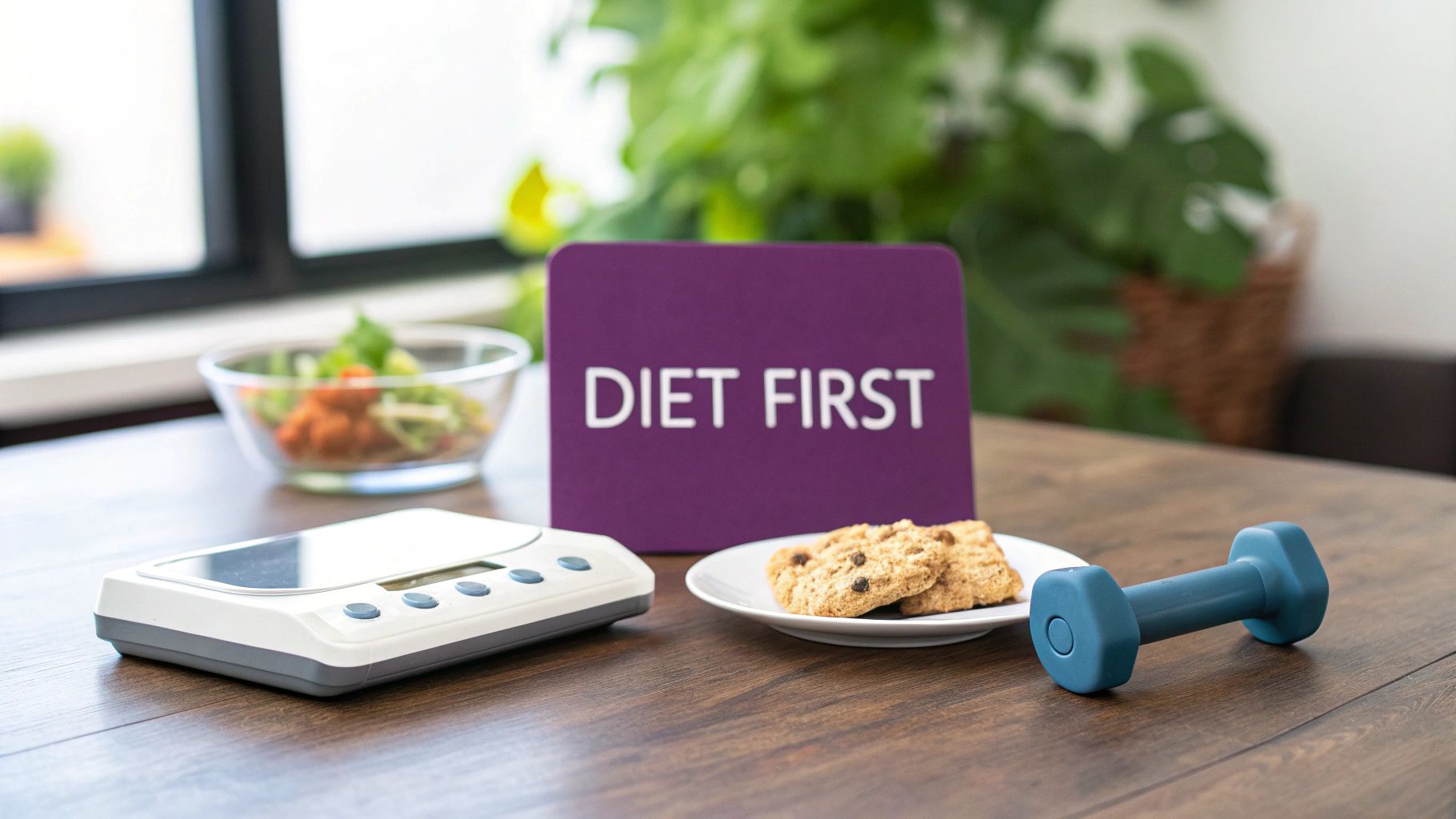 A 'DIET FIRST' sign, food scale, healthy salad, indulgent cookies, and a dumbbell on a wooden table.