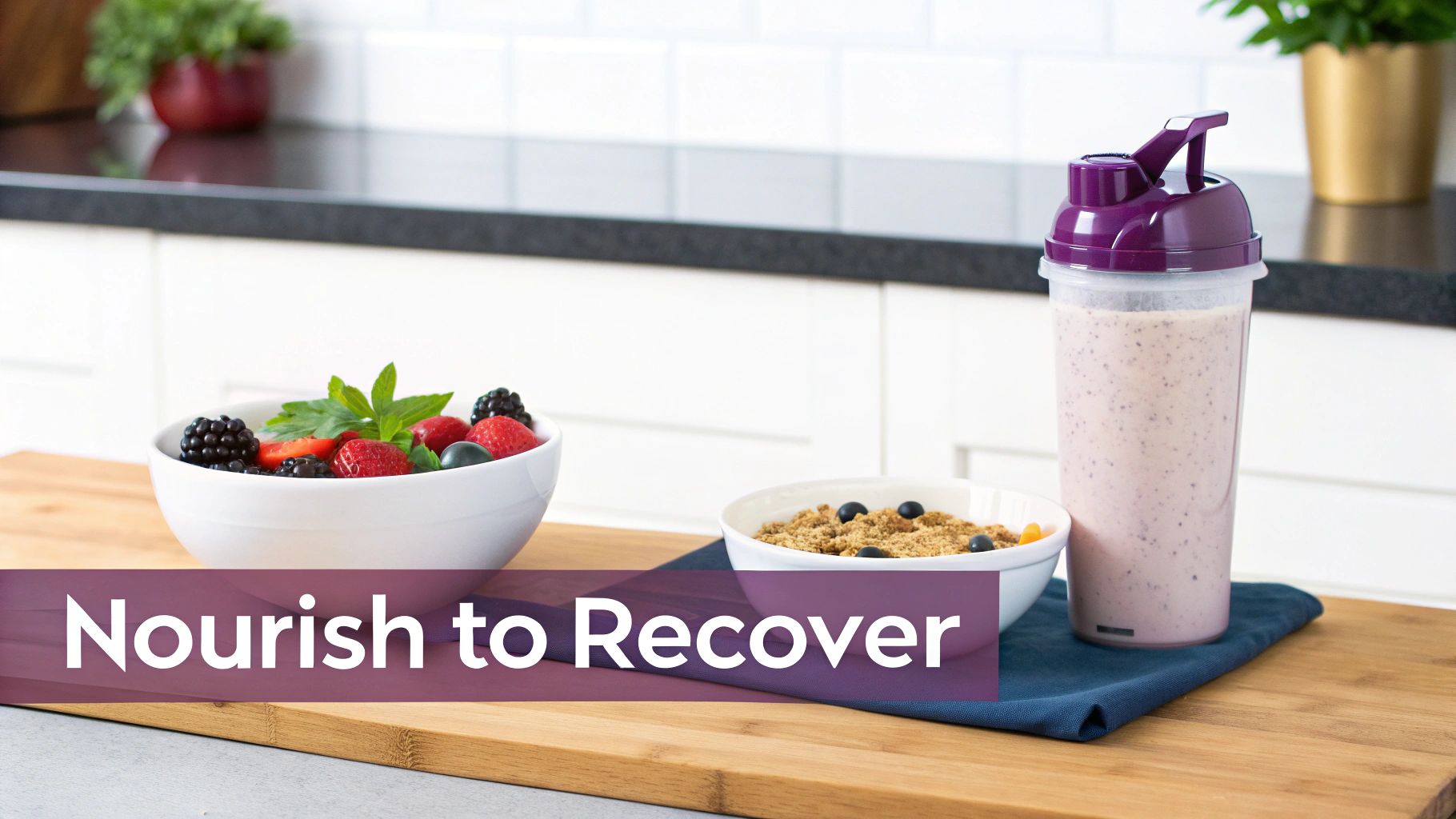 A berry smoothie, fresh fruit, and granola on a kitchen counter, emphasizing recovery.