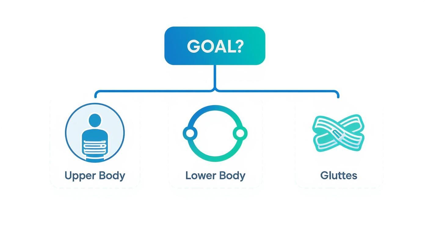 Infographic decision tree for choosing the best resistance bands for travel based on fitness goals like upper body, lower body, or glutes.
