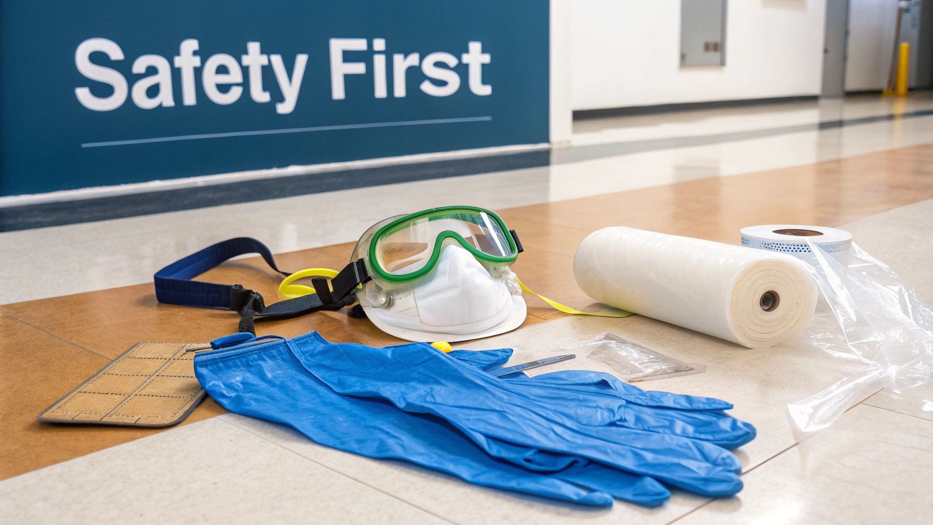 A person wearing full personal protective equipment, including a respirator, goggles, and white coveralls, while cleaning.