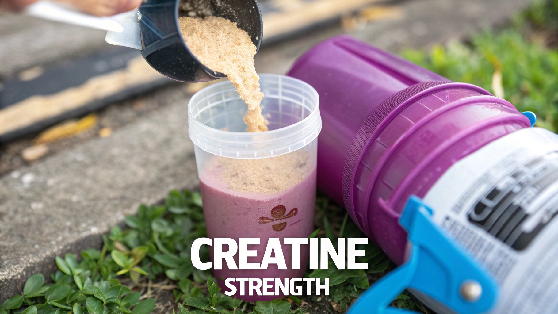 A scoop of white creatine monohydrate powder next to a shaker bottle.
