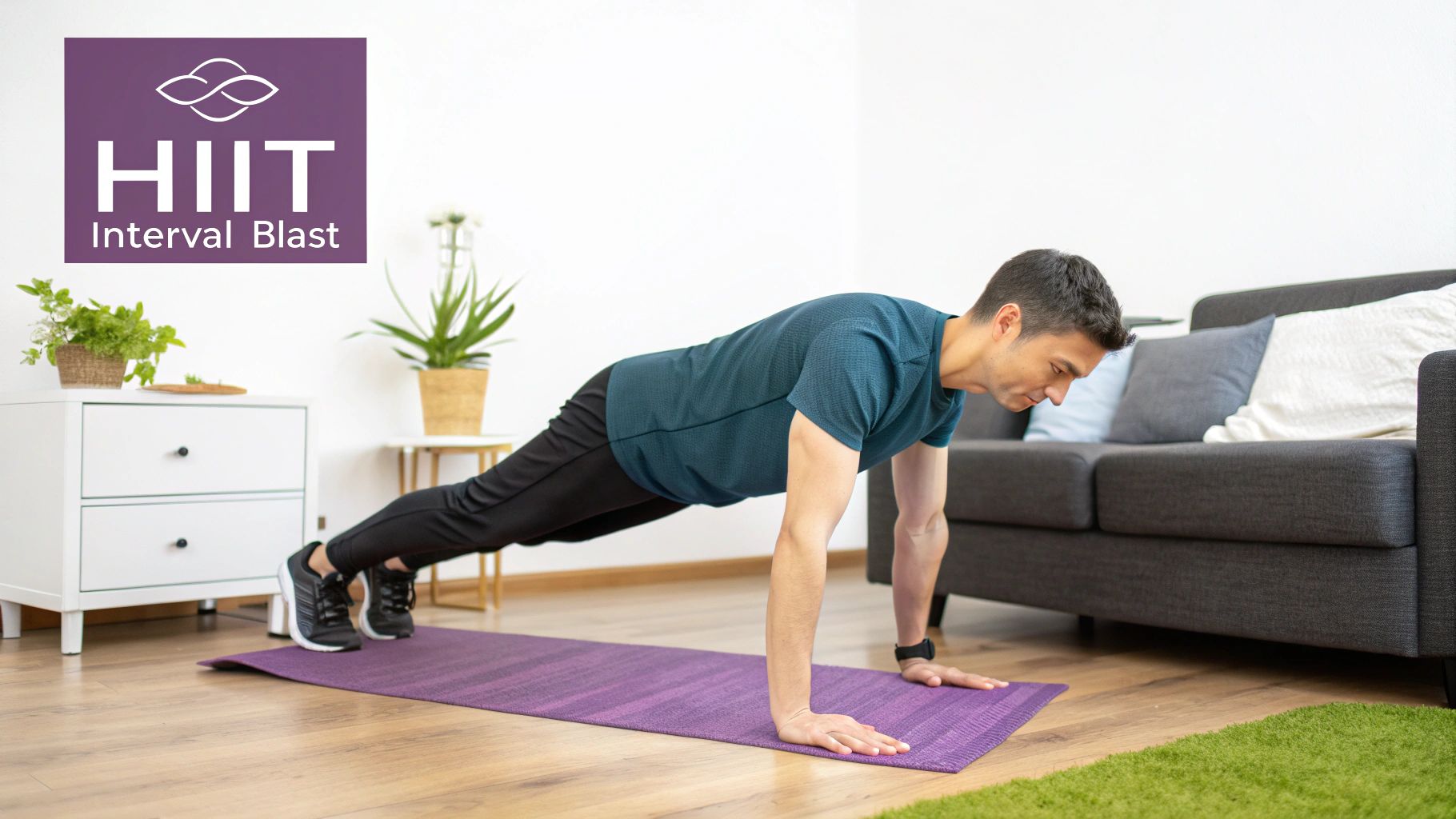 A man in a blue shirt performs a plank exercise on a purple mat in a bright living room.