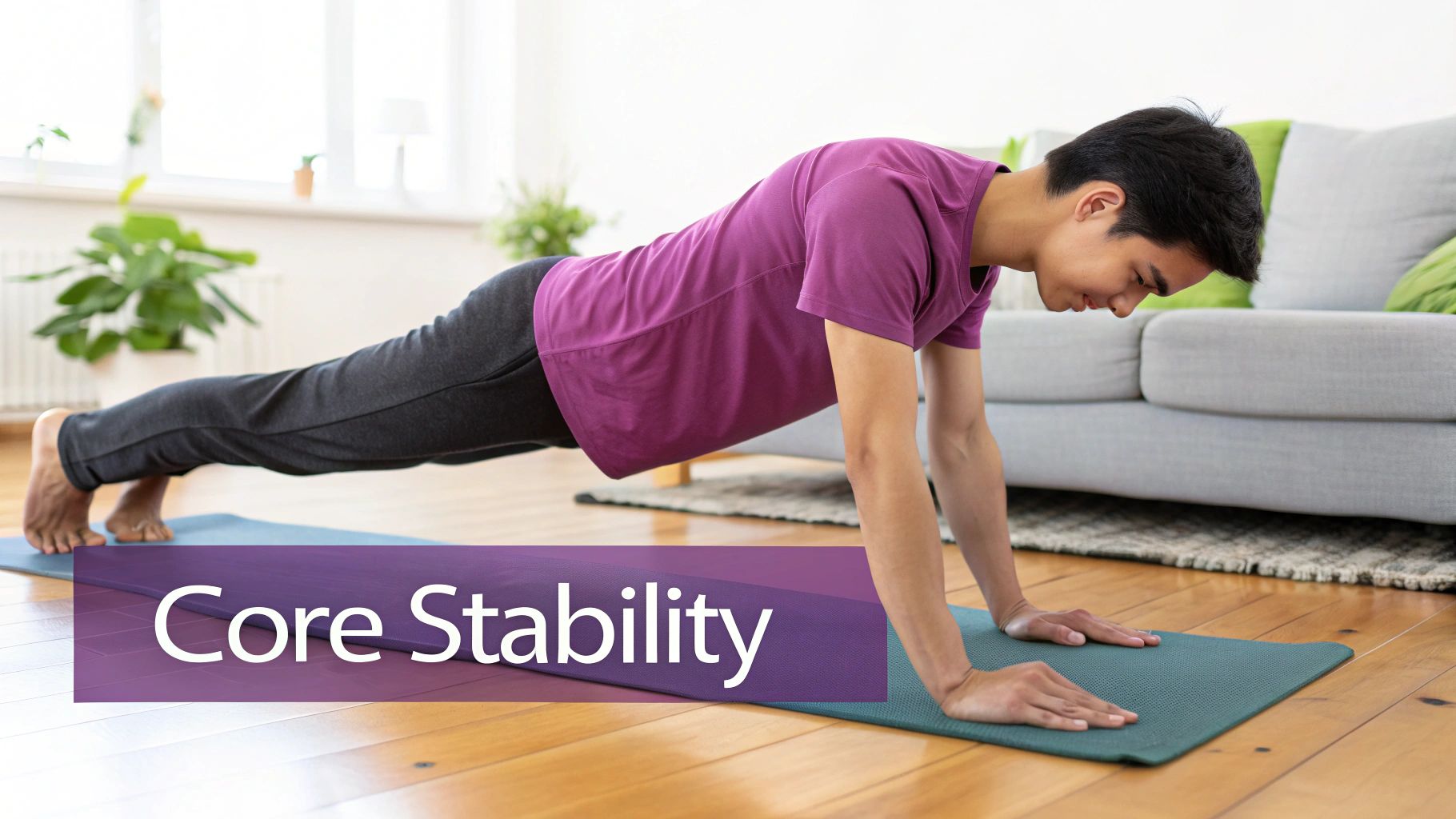 A young man performs a plank on a blue yoga mat indoors, highlighting core stability.