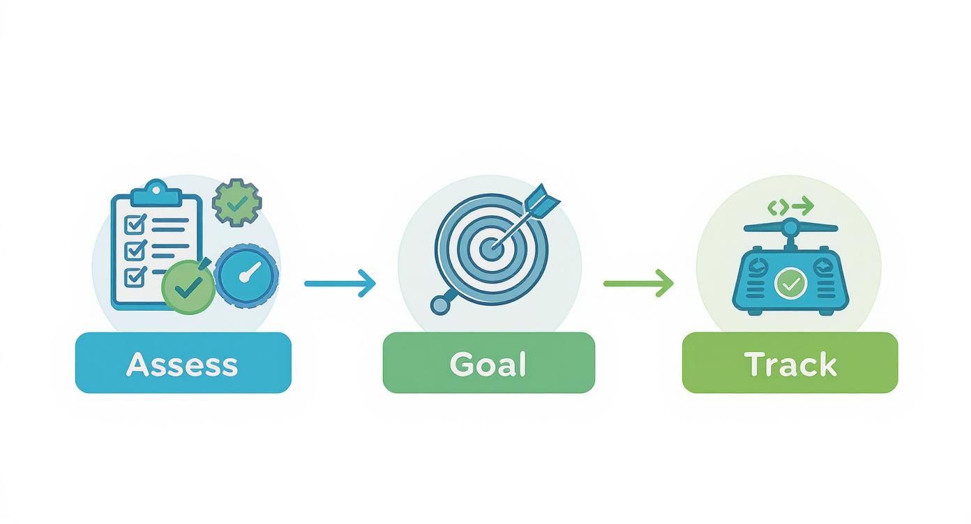 A three-step process diagram illustrating 'Assess,' 'Goal,' and 'Track' with associated icons for effective planning.