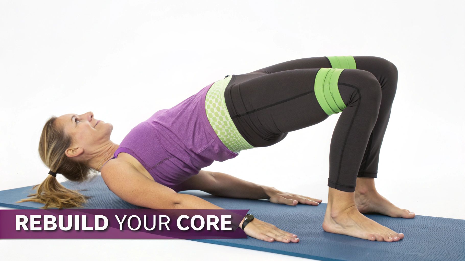 Woman performing a glute bridge exercise with a resistance band on a mat for core strength.