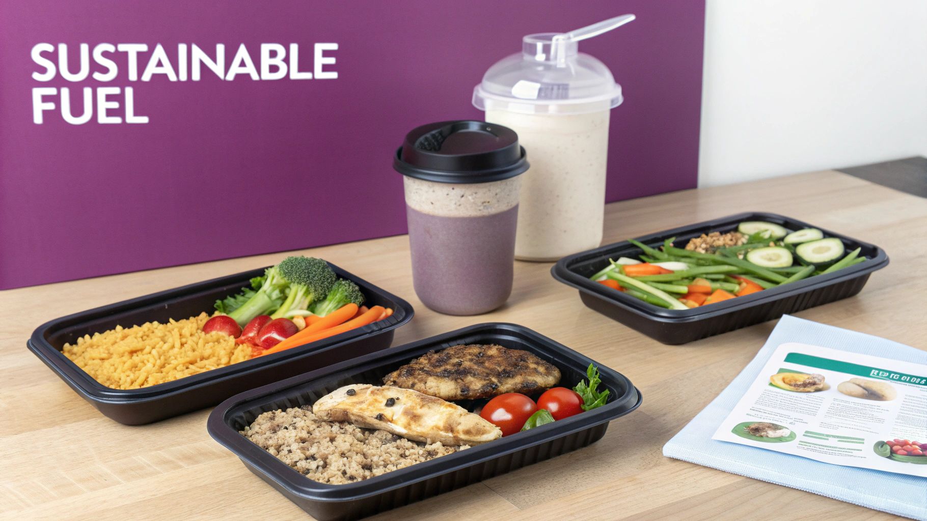 Pre-made healthy meals and protein drinks promoting sustainable fuel.