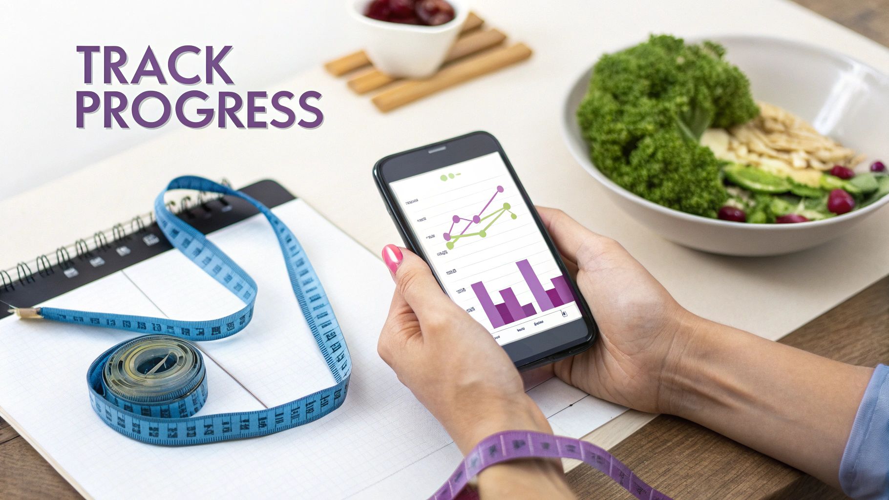 A person tracks weight loss progress on a smartphone, with a measuring tape and healthy food.