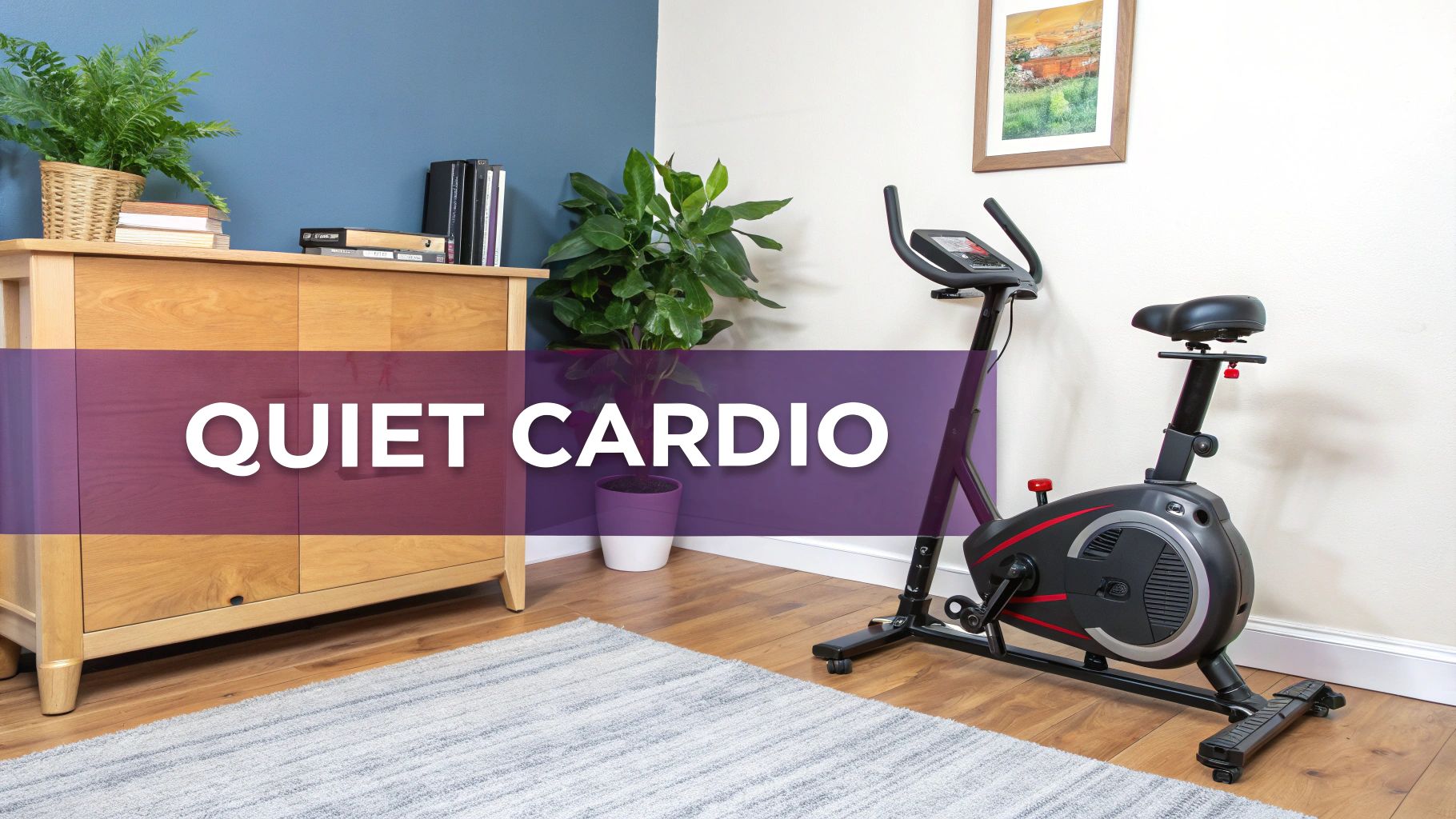 A sleek black exercise bike stands in a modern living room, ready for quiet cardio workouts.