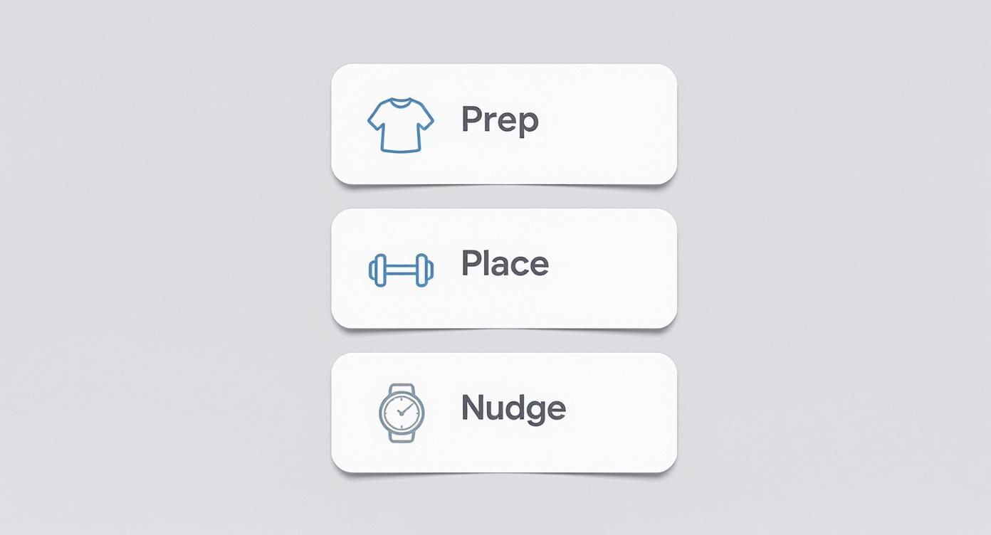 Three white cards show blue icons and text: Prep (t-shirt), Place (dumbbell), Nudge (watch).