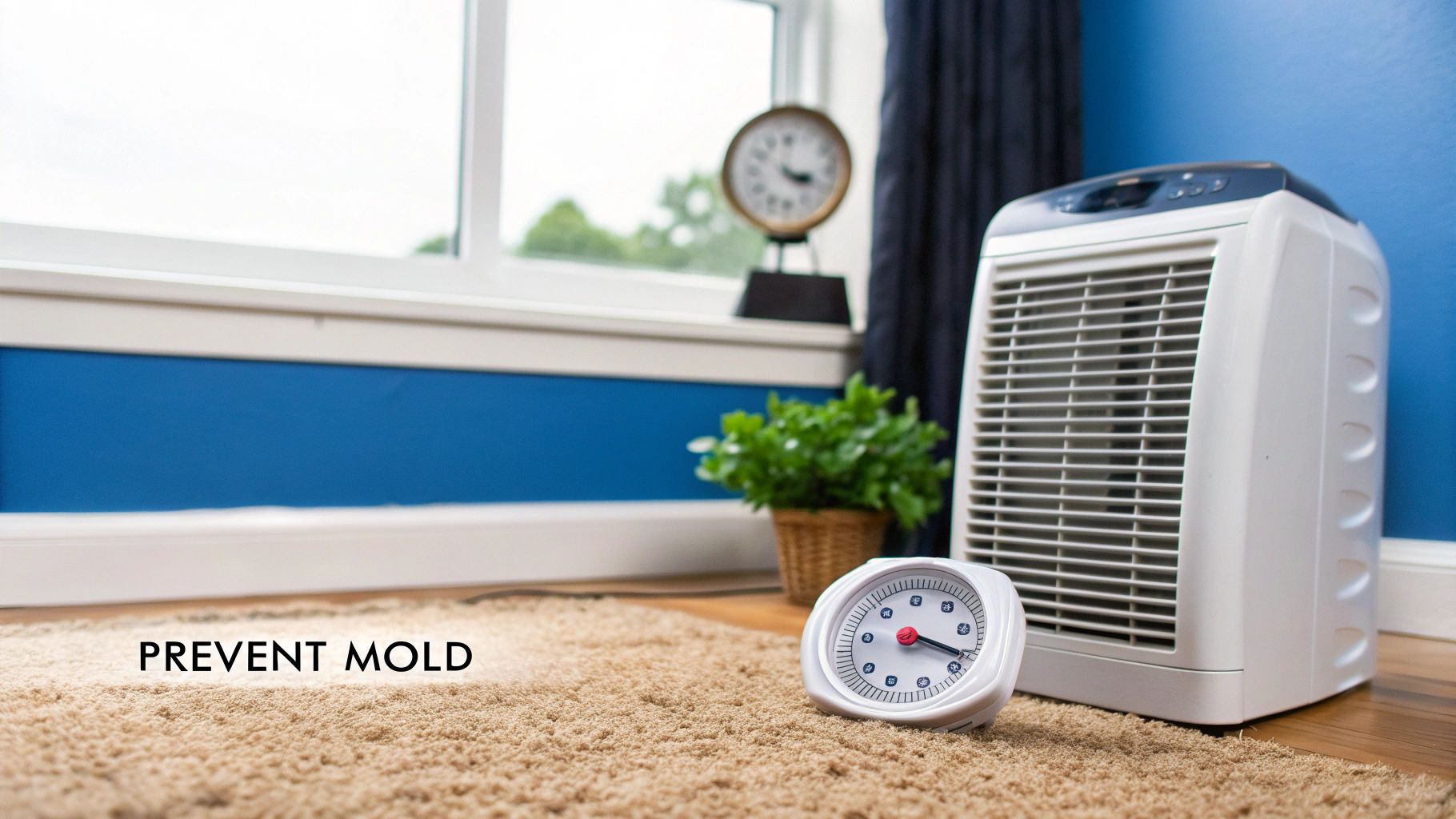 A modern dehumidifier running in the corner of a room with a light-coloured carpet.