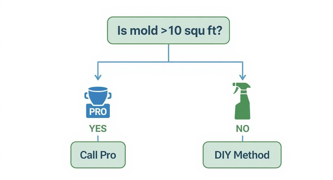 An infographic decision tree shows that if mold is larger than 10 square feet, you should call a professional, but if it's smaller, a DIY method is an option.