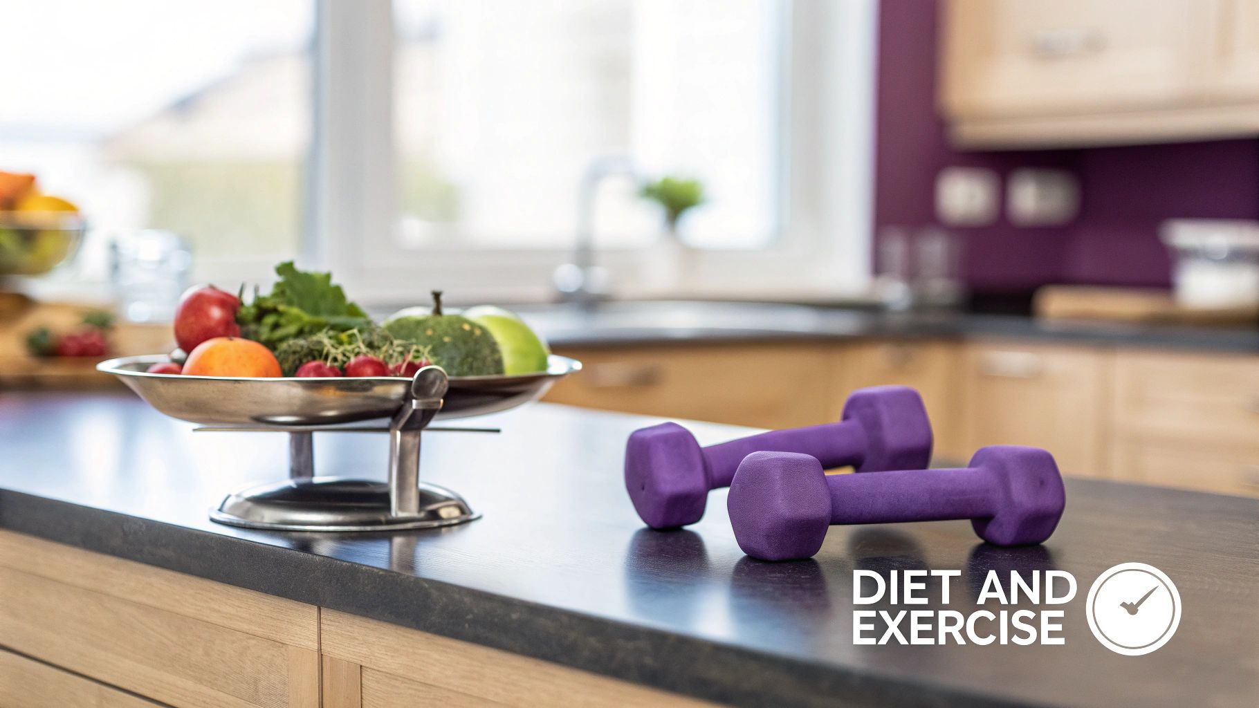 A healthy meal on one side and a person exercising on the other, representing the diet vs exercise debate.