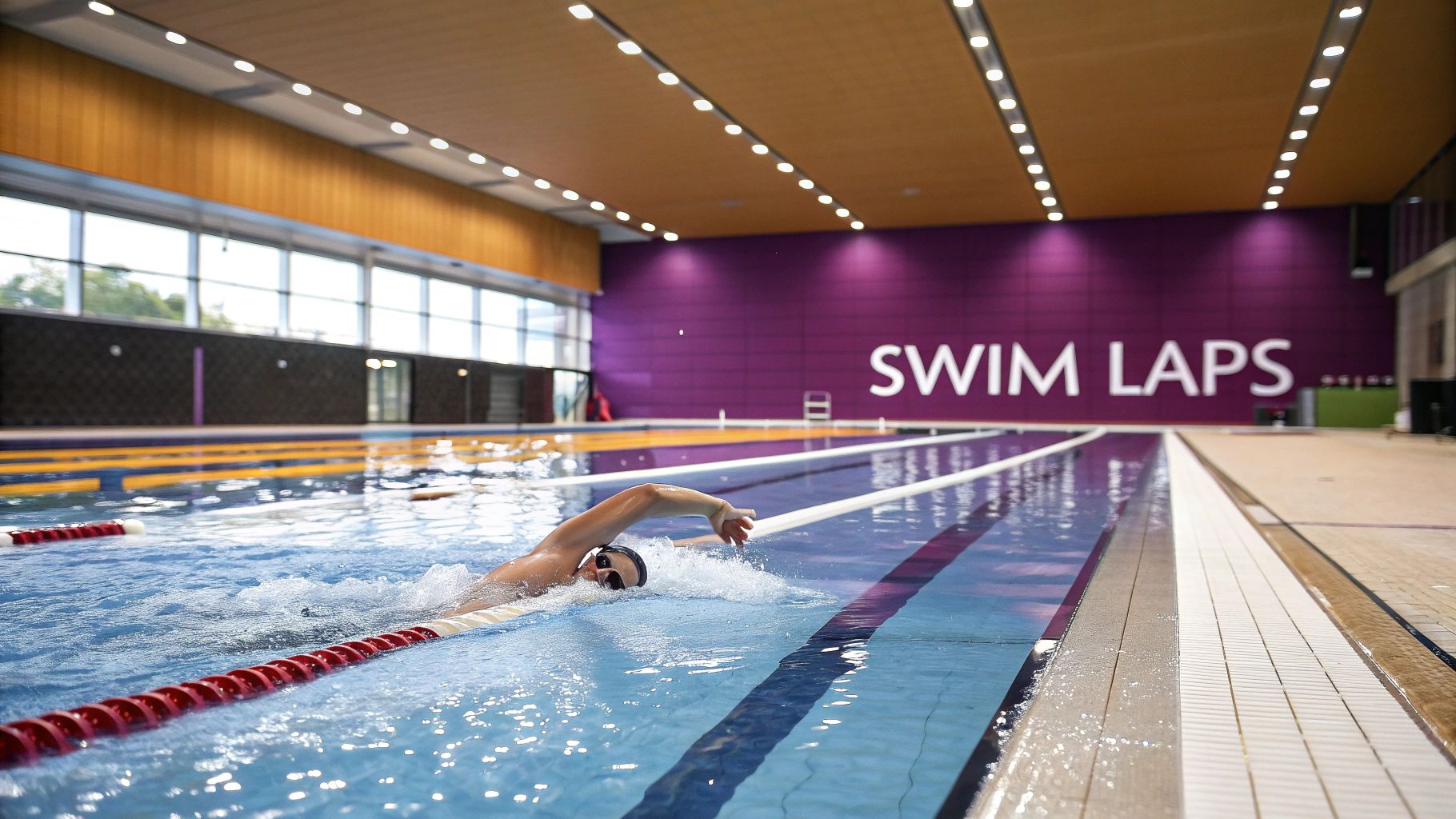 A swimmer doing laps in a modern indoor swimming pool with 'SWIM LAPS' written on the purple wall.