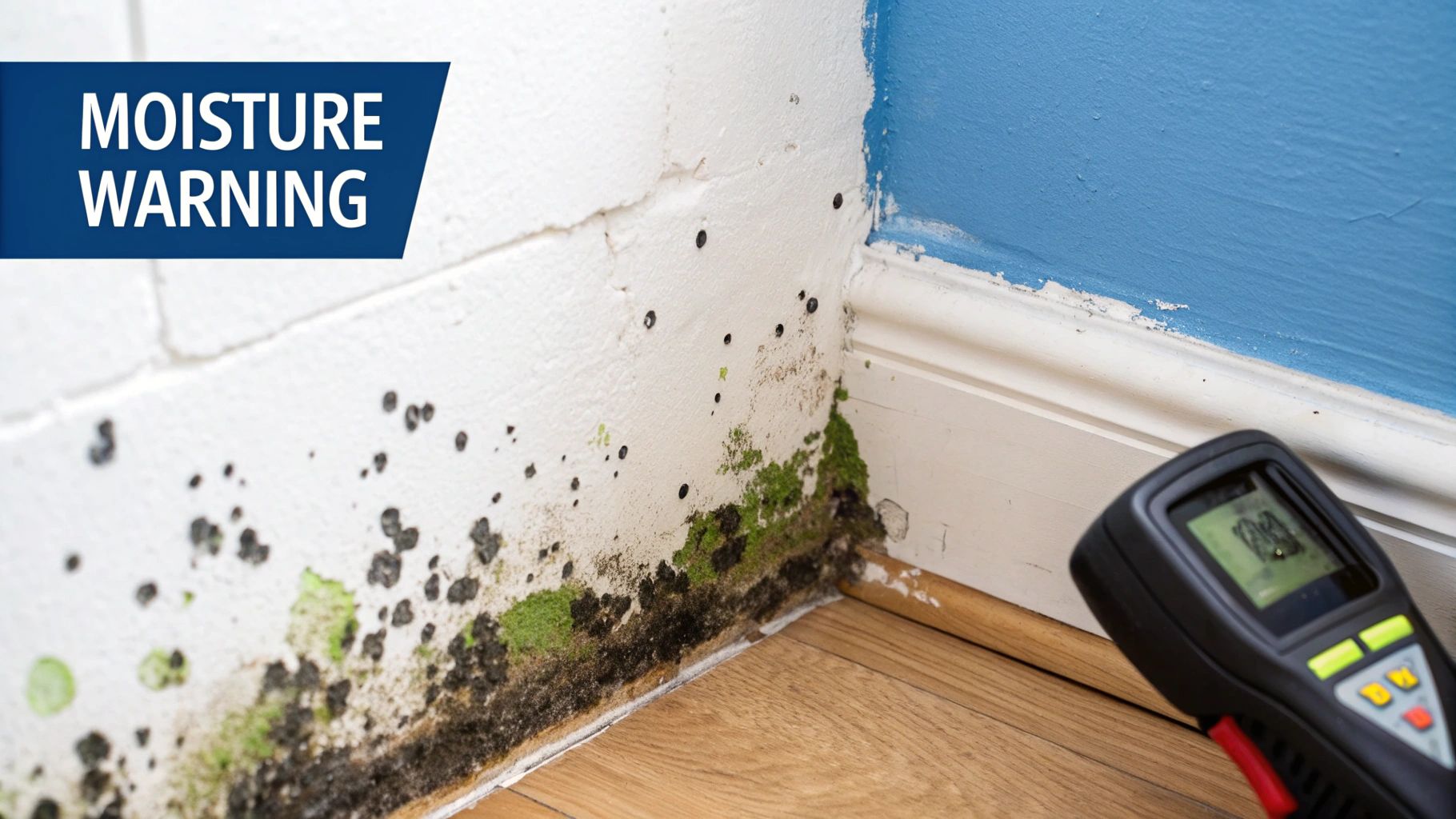 A close-up view of black mold growing on a section of white drywall.