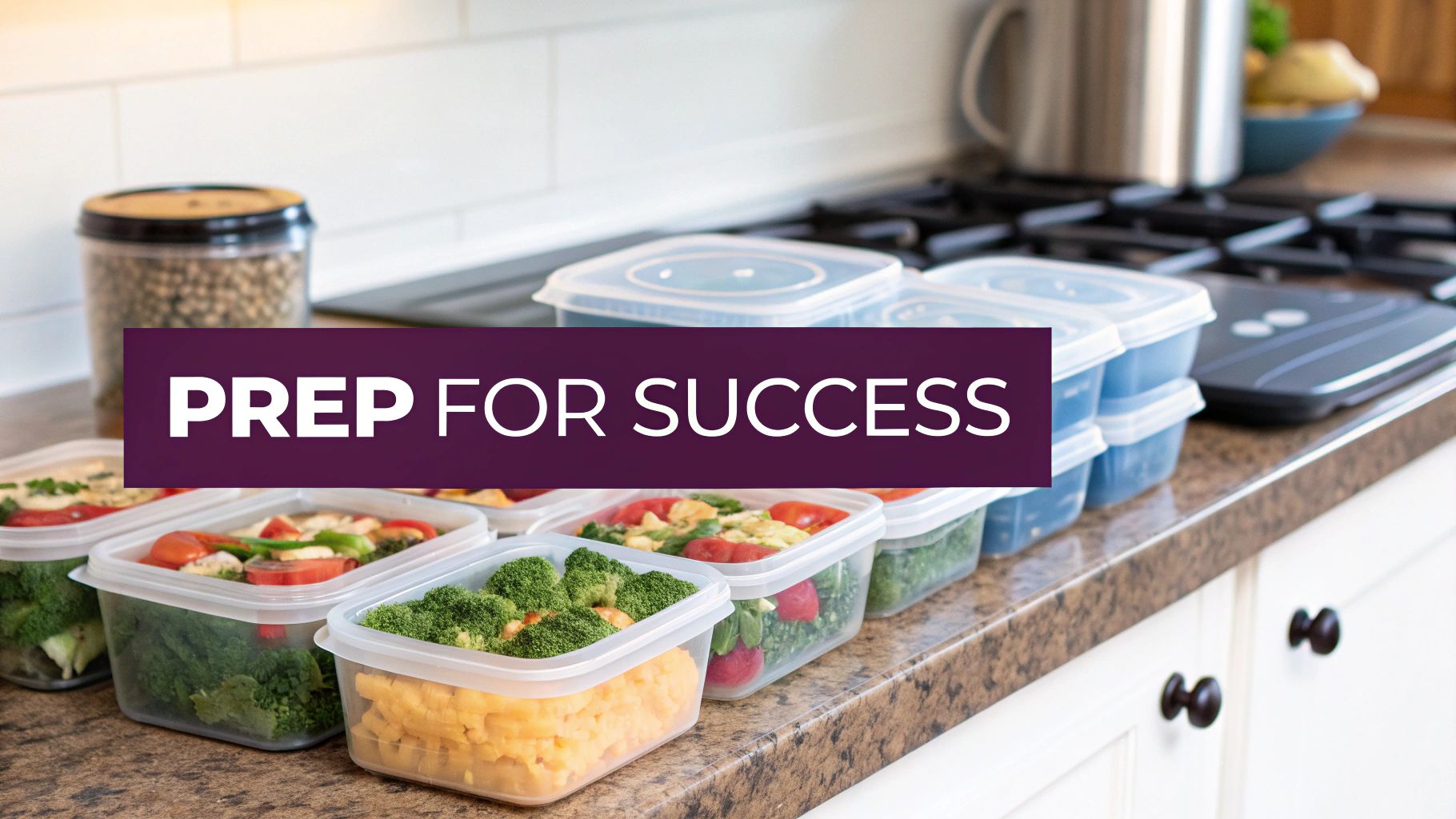 A person meal prepping healthy food into containers in a clean kitchen.