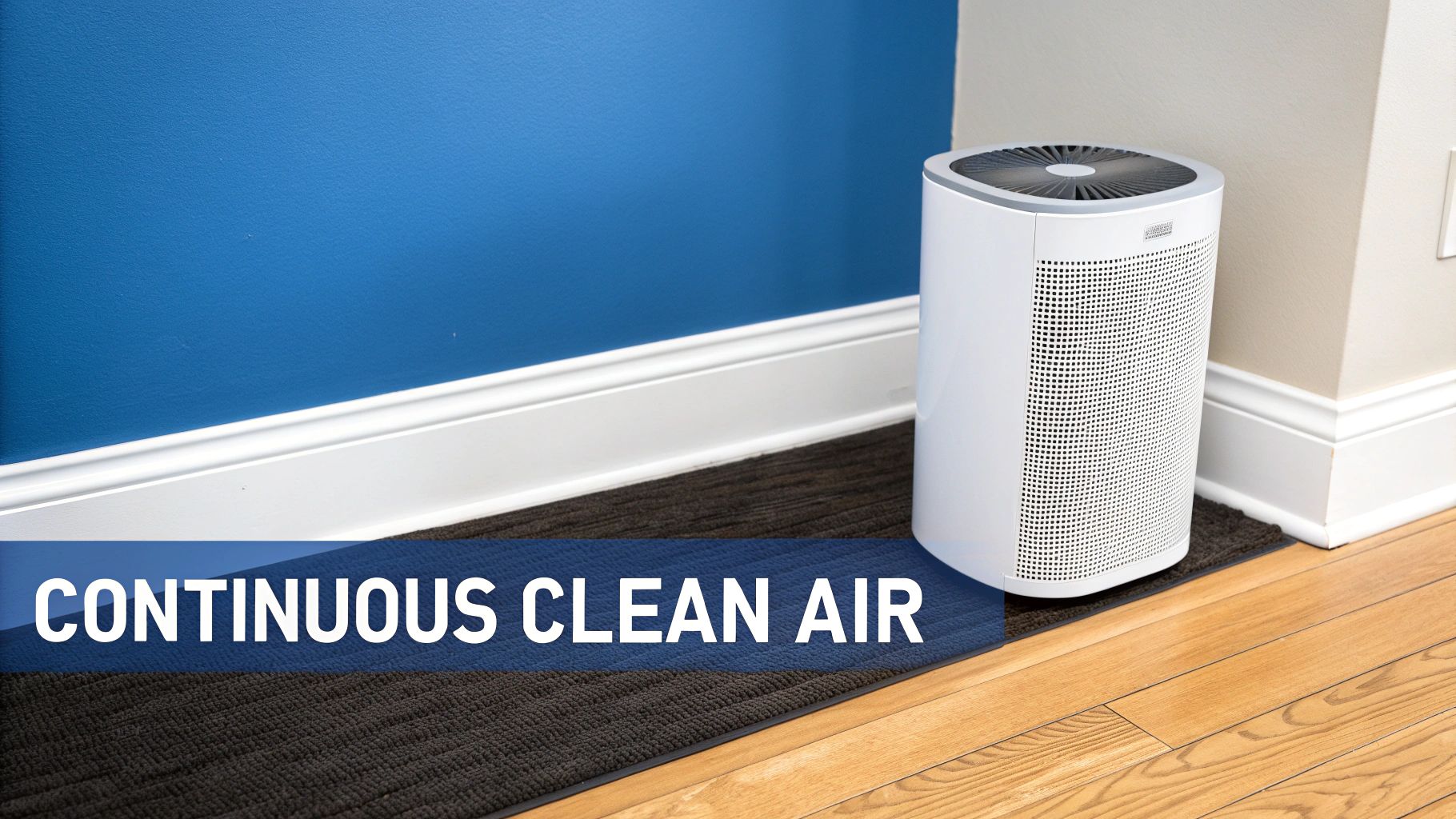 A modern air purifier running in a clean living room, signifying daily air quality maintenance.