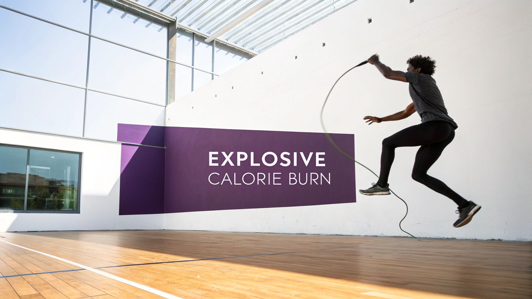 A person doing an intense battle rope jump workout indoors with 'EXPLOSIVE CALORIE BURN' text.
