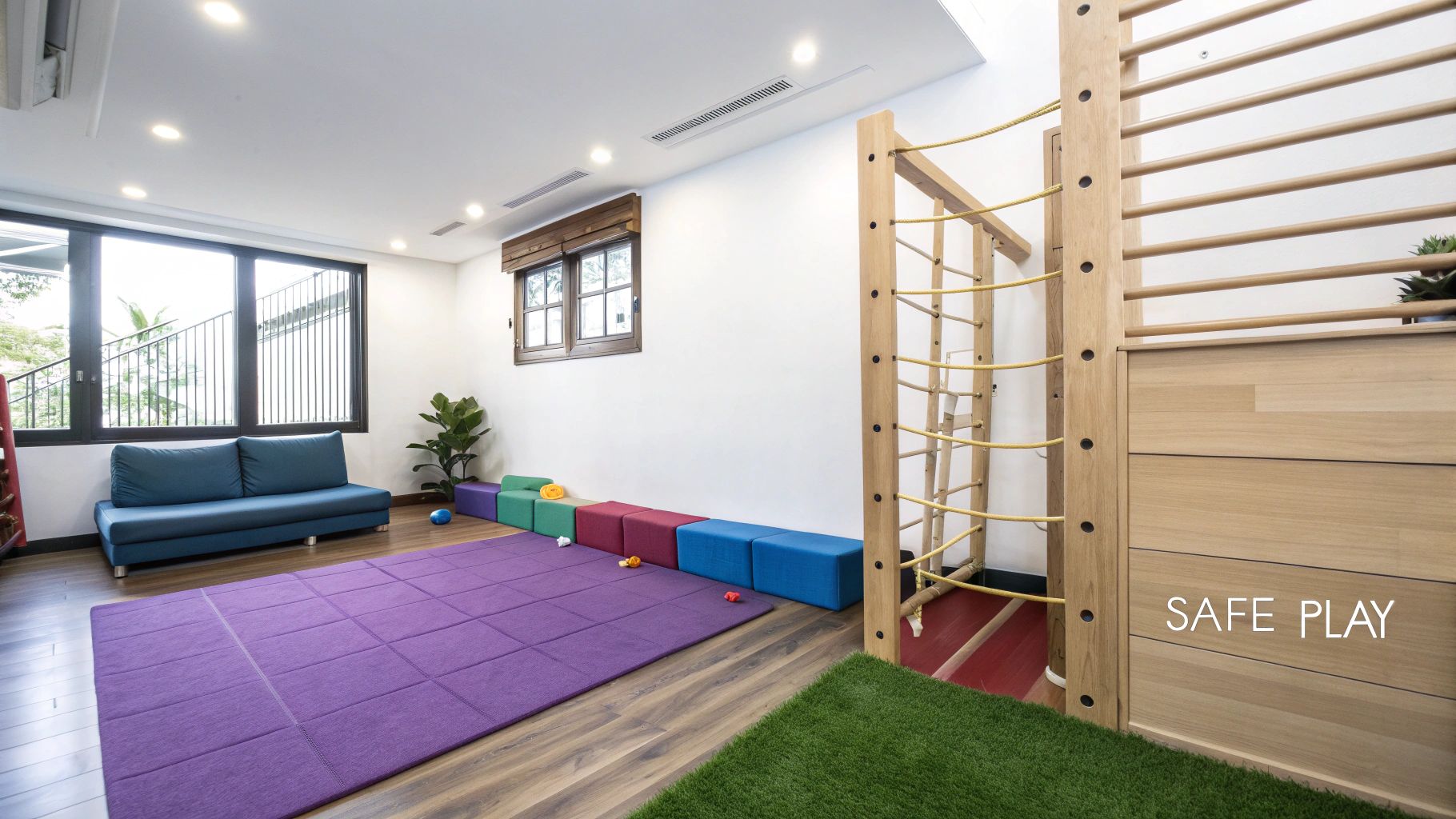 A safe and colorful home play area with padded flooring and well-spaced equipment.