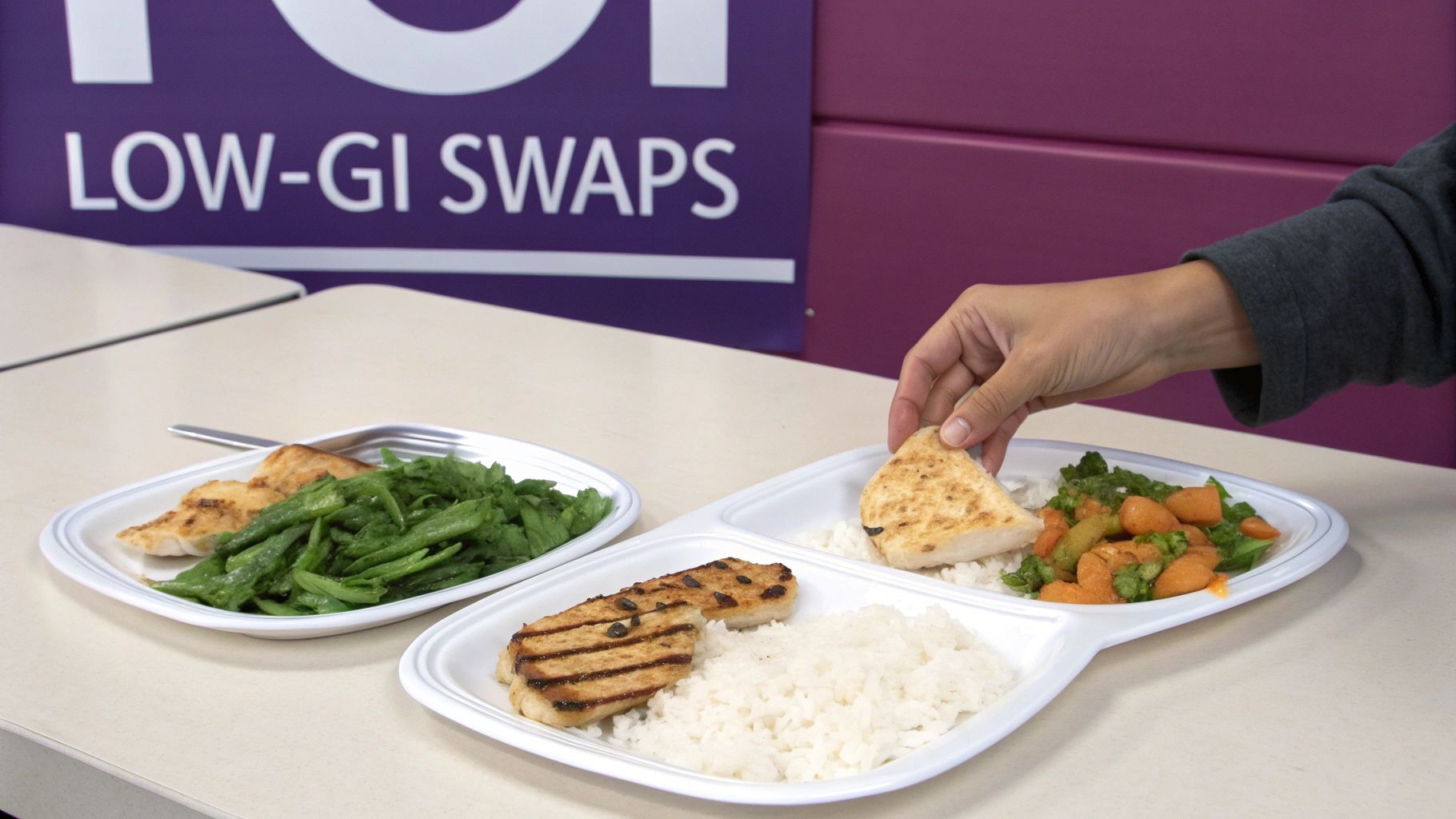 Healthy meals with grilled chicken, rice, and vegetables on a table, under a 'LOW-GI SWAPS' sign.