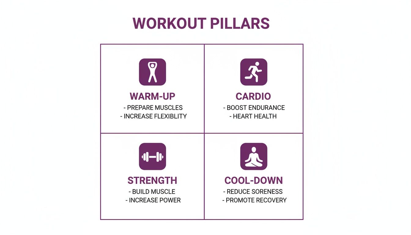 A diagram illustrating the four workout pillars: warm-up, cardio, strength, and cool-down, with their benefits.