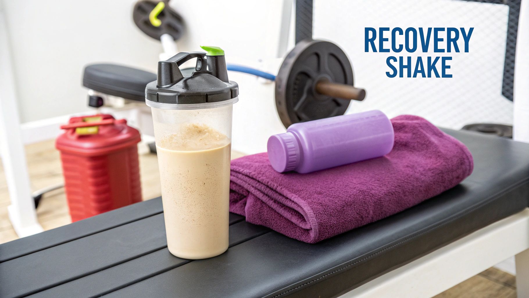 A protein recovery shake, purple water bottle, and towel on a weight bench in a gym.
