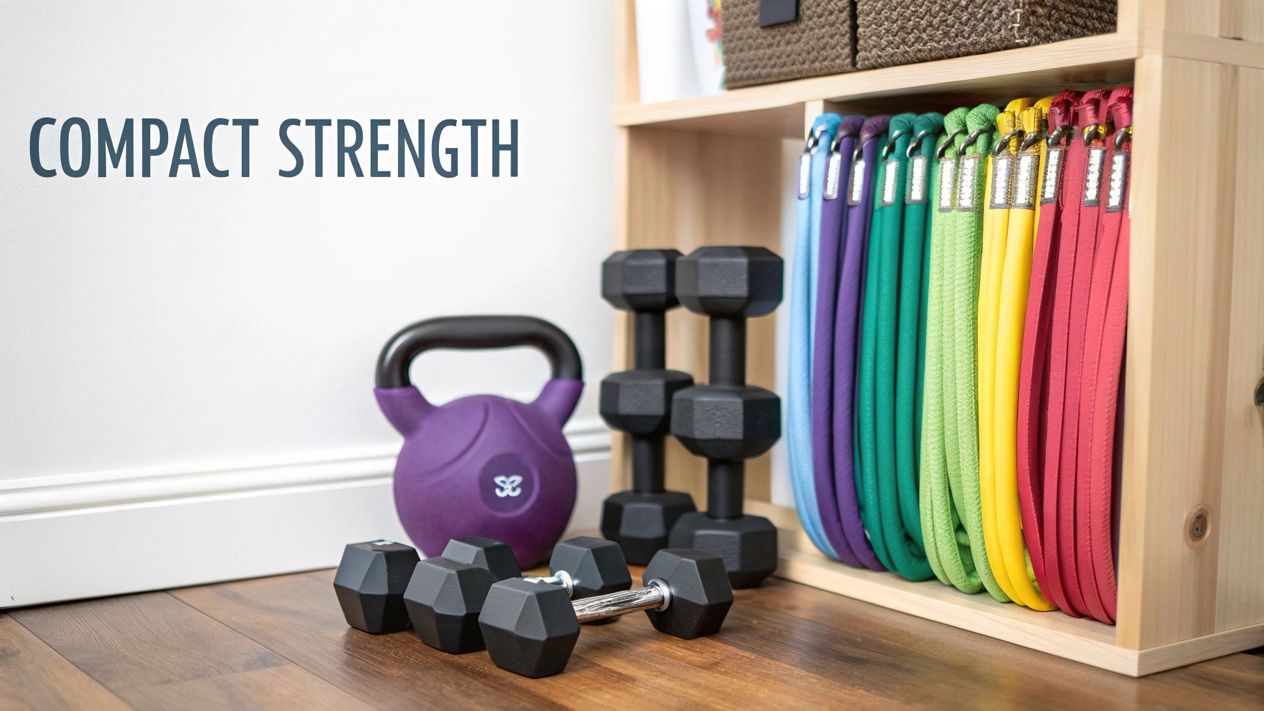 A compact home gym setup featuring a purple kettlebell, black dumbbells, and colorful resistance bands on a shelf.
