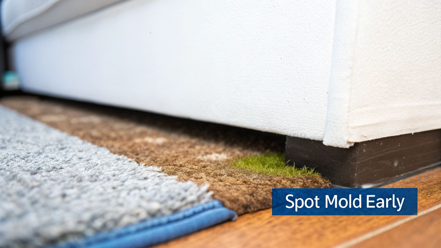 A close-up view of dark mold spots growing on a light-coloured carpet, indicating a moisture problem.