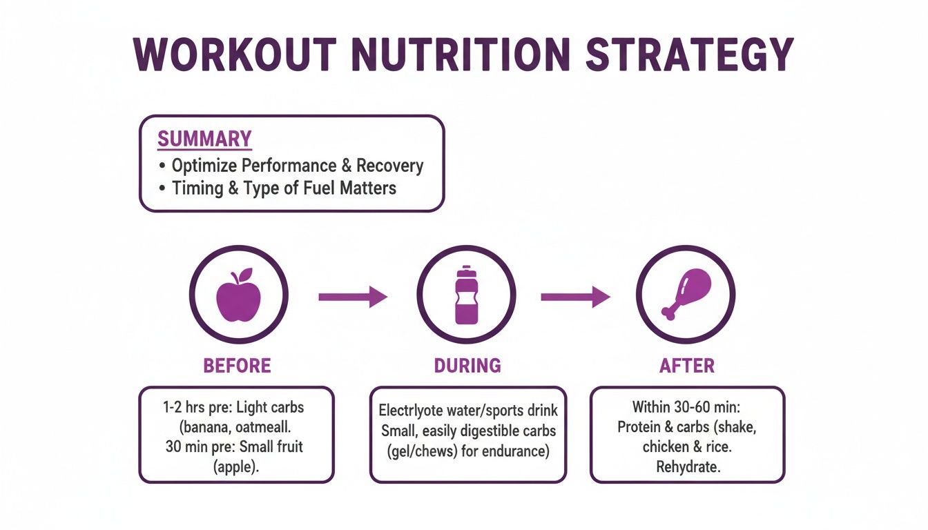 Workout nutrition strategy flowchart detailing food and drink recommendations before, during, and after exercise.