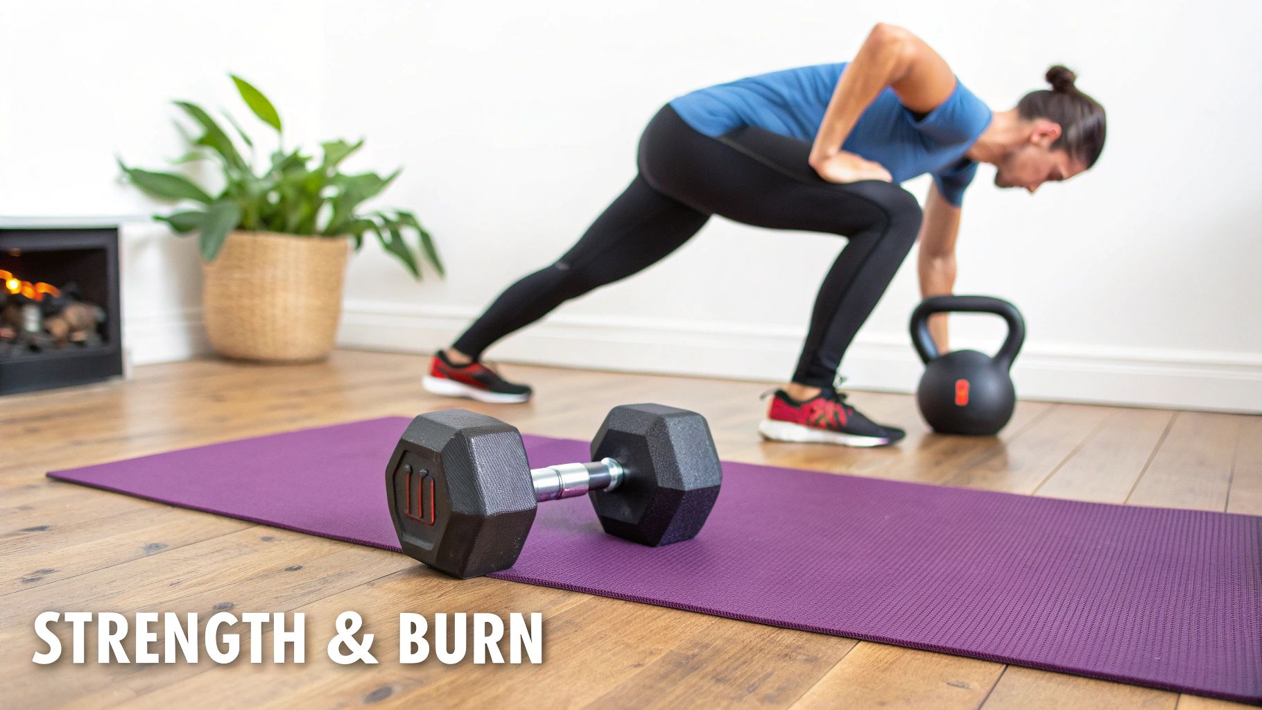 A man performing a lunge with a kettlebell during a home workout, with a dumbbell on a yoga mat.