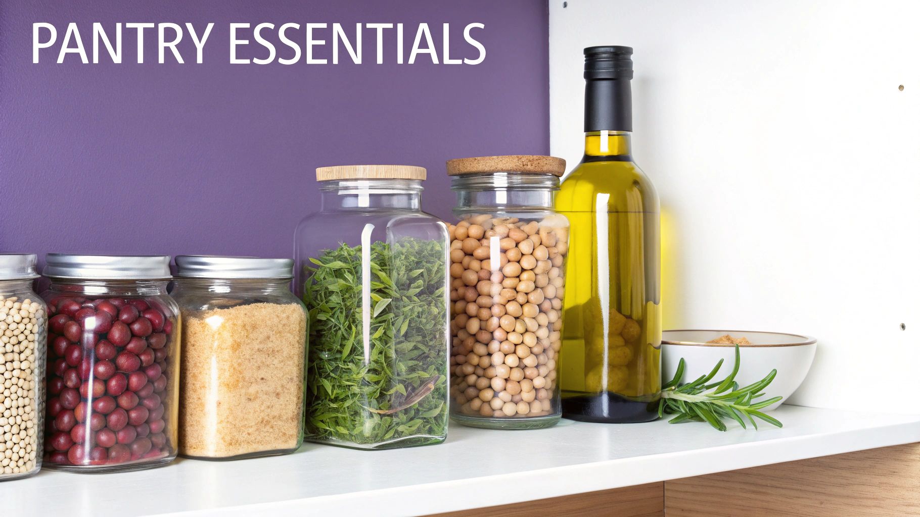 A variety of pantry essentials including beans, grains, herbs, and olive oil displayed on a white shelf.