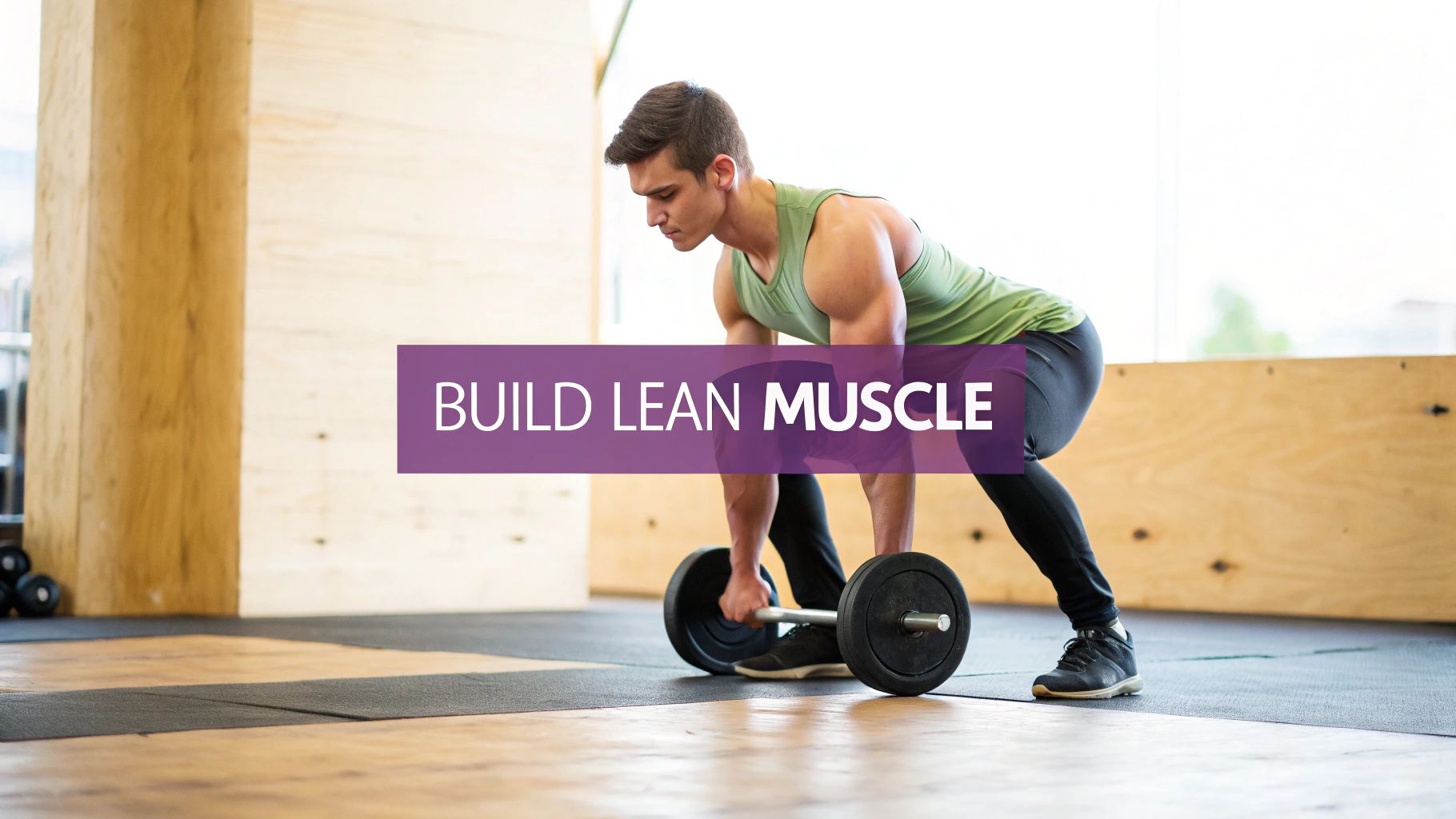 A fit man in a gym performing a barbell deadlift with text "BUILD LEAN MUSCLE".