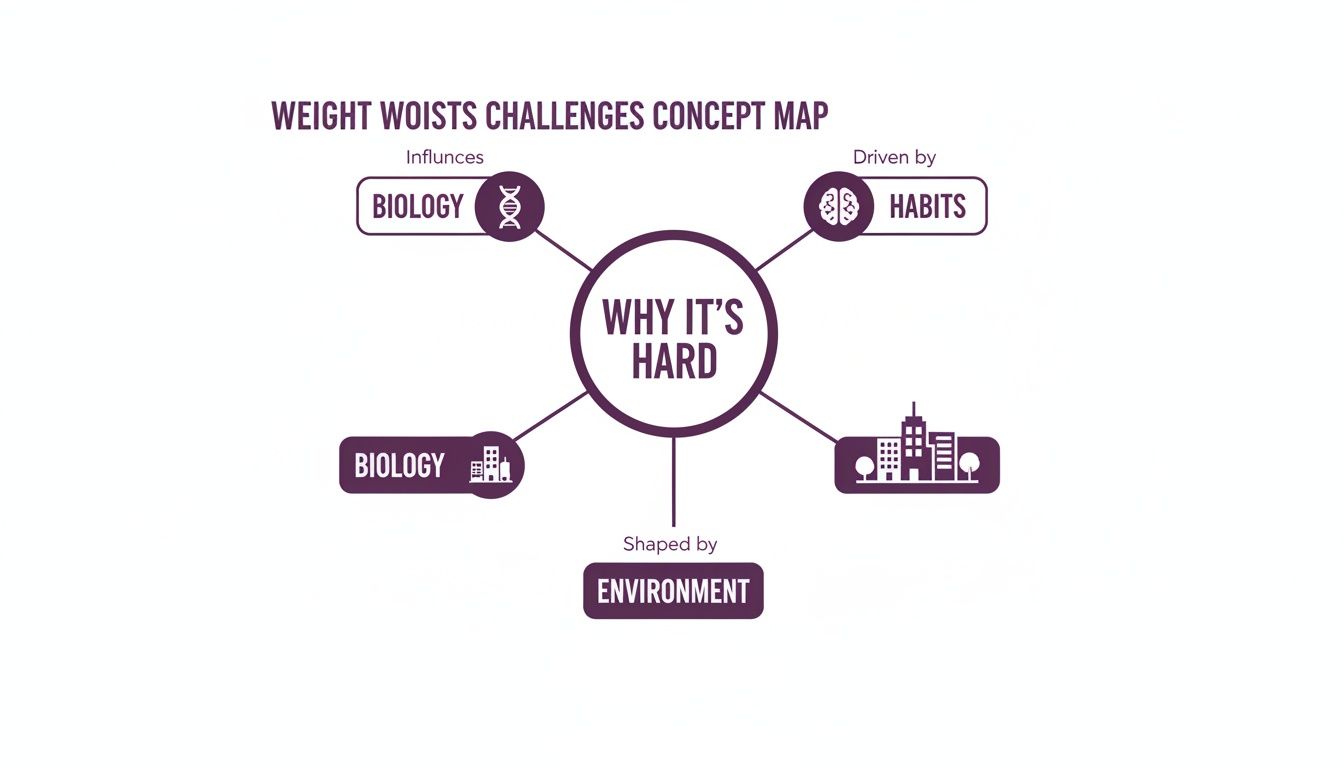 Concept map detailing why weight loss is challenging, highlighting biology, habits, and environment factors.