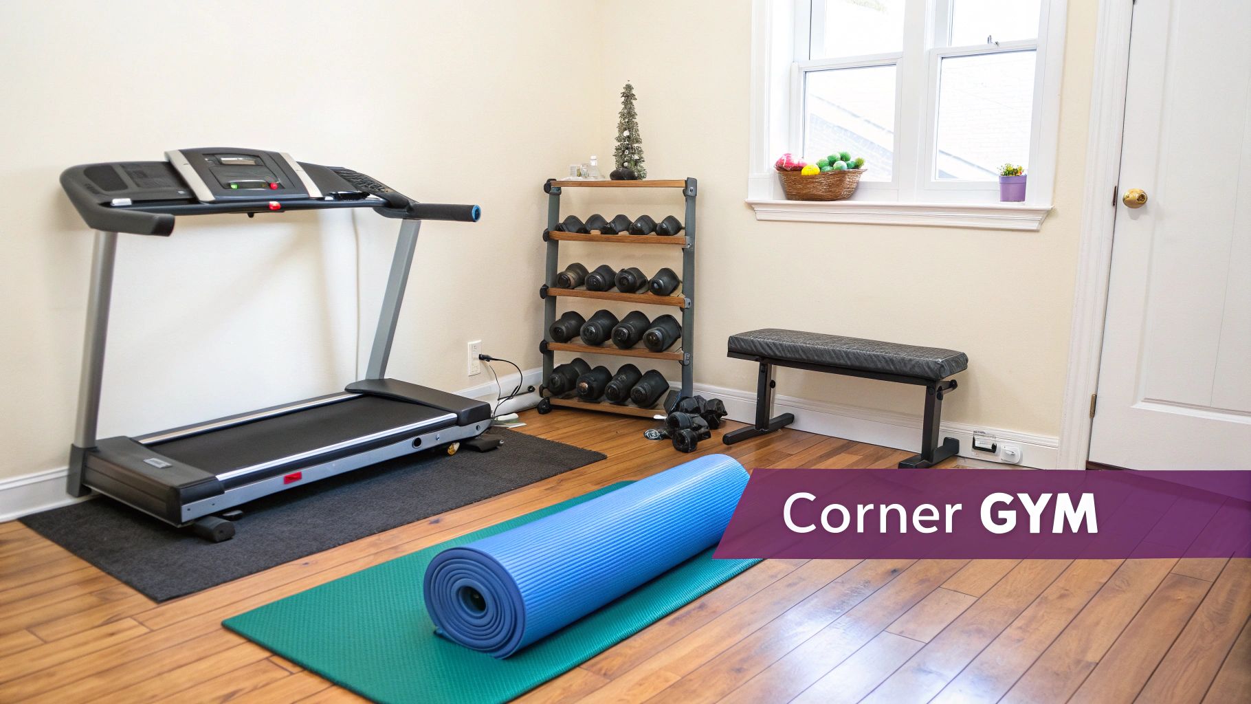 A well-equipped corner home gym featuring a treadmill, dumbbell rack, weight bench, and yoga mats.