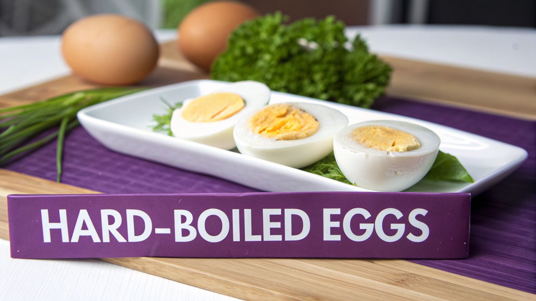 A close-up of perfectly cooked hard-boiled eggs on a white plate with fresh green herbs and chives.