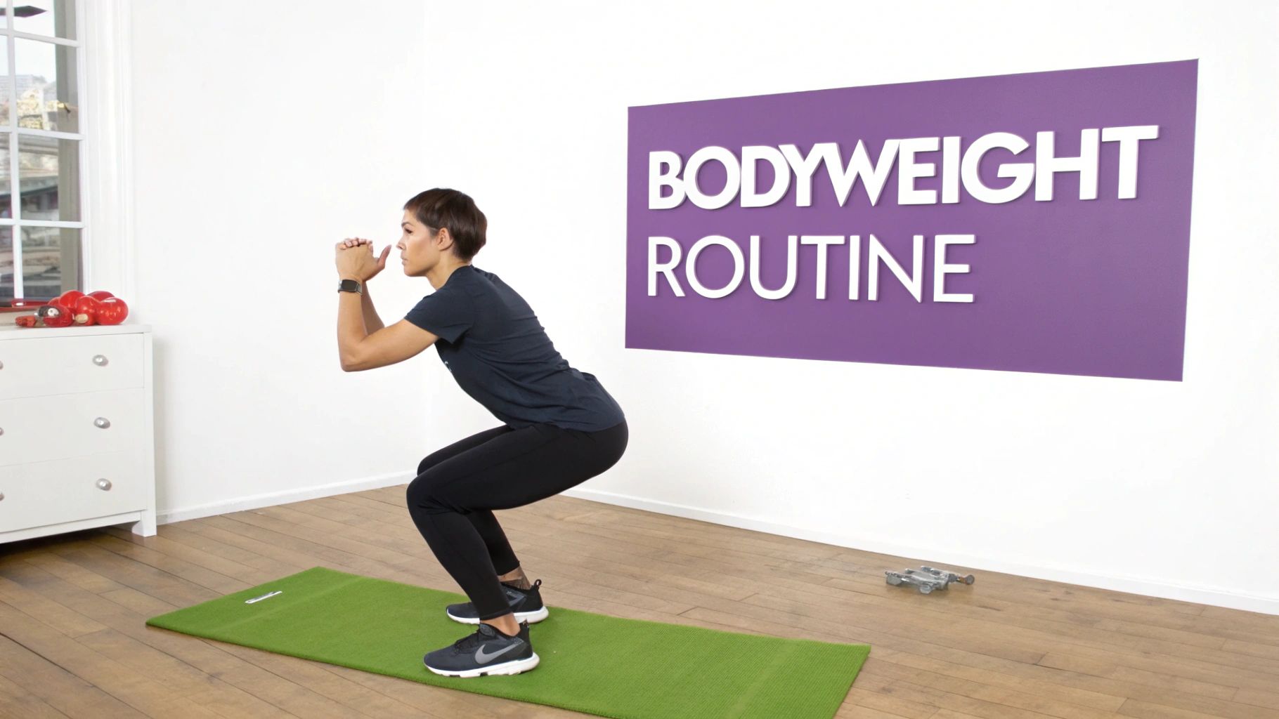 A woman performing a squat exercise on a green mat in a white room with a 'Bodyweight Routine' sign.