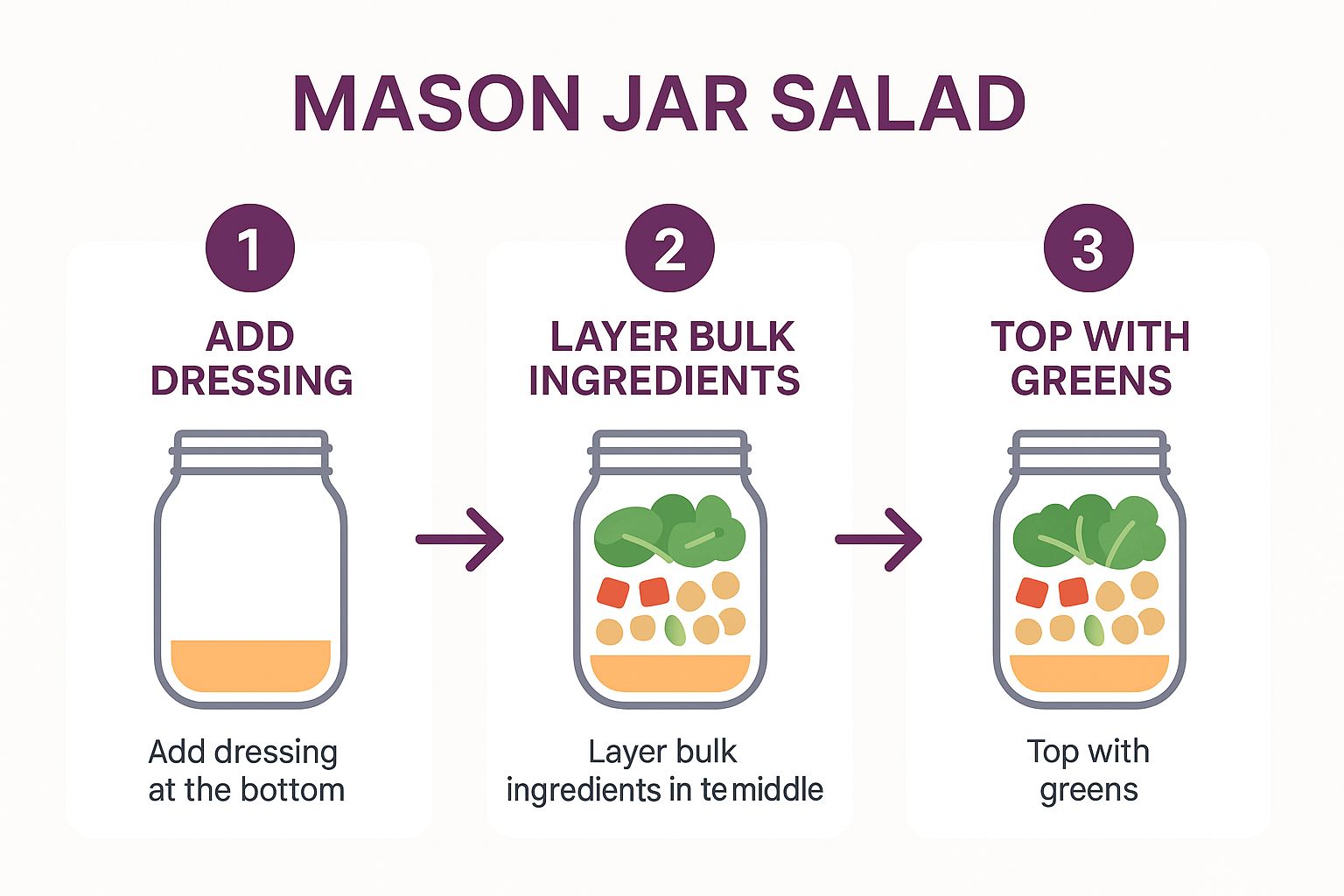 Infographic showing the 3-step Mason Jar Salad layering process: 1. Add dressing at the bottom; 2. Layer bulk ingredients in the middle; 3. Top with greens.