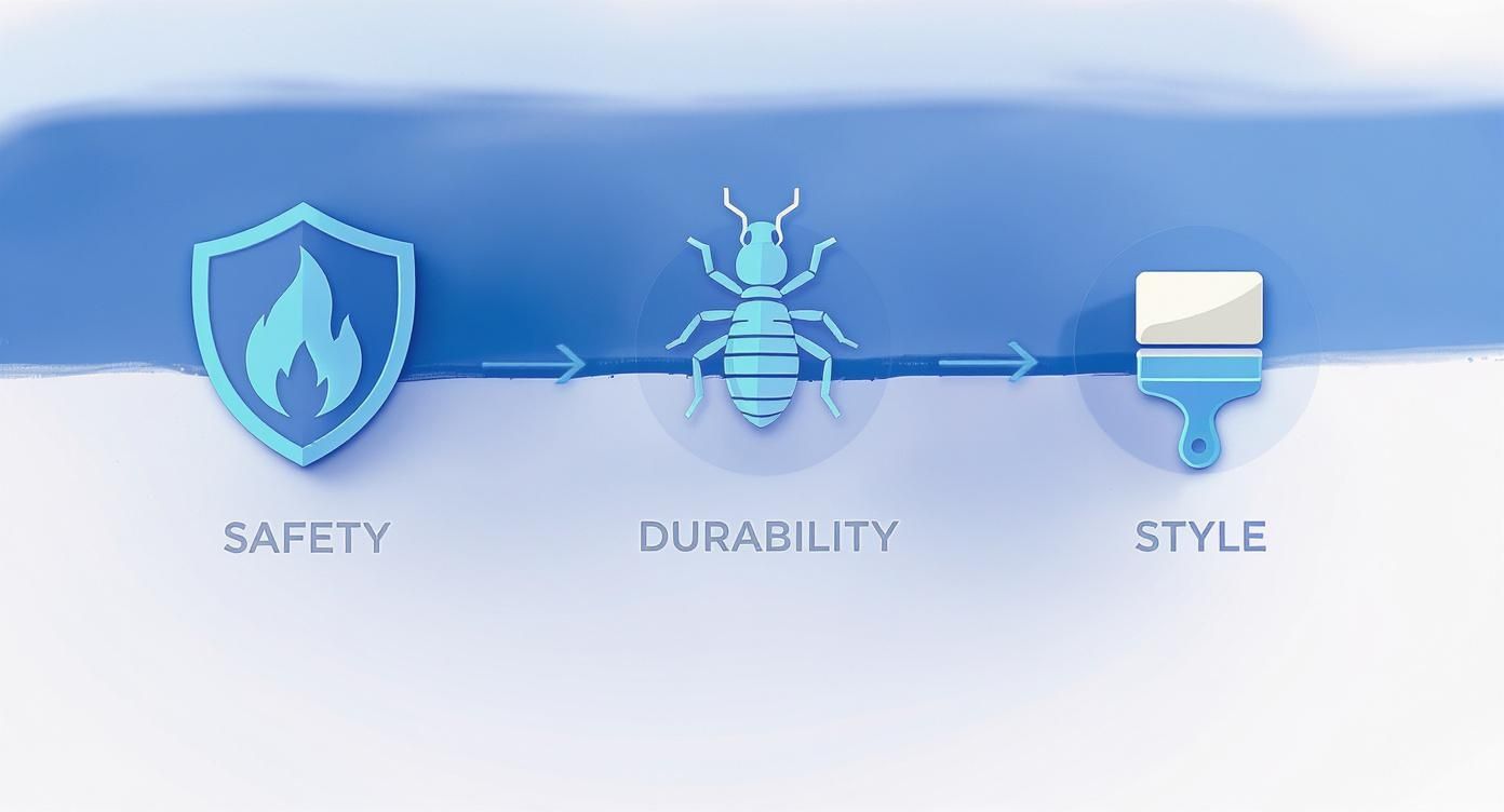 Infographic showing the home benefits of Hardie Plank siding, including safety, durability, and style.