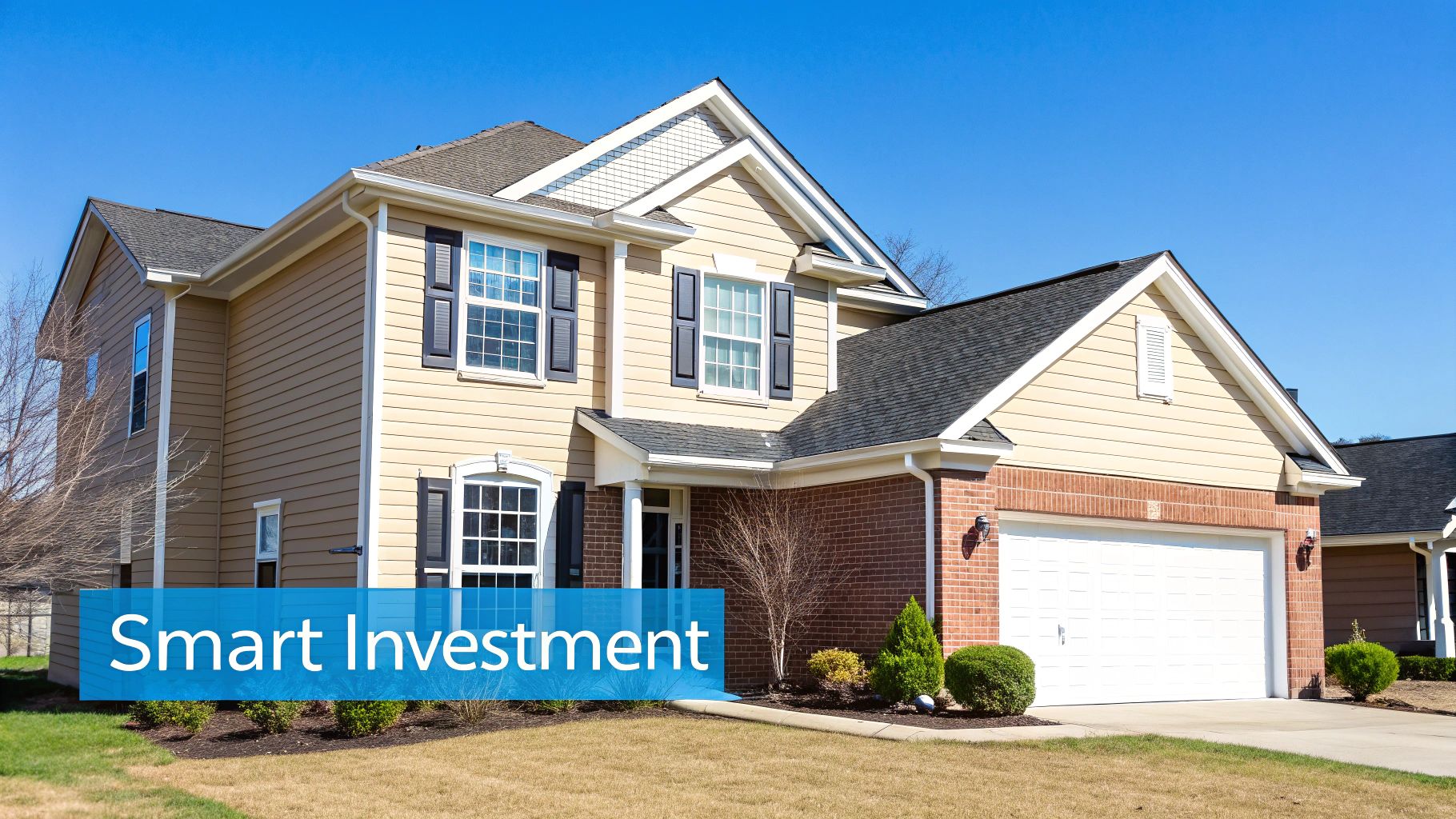 New home with freshly installed grey vinyl siding under a clear blue sky.