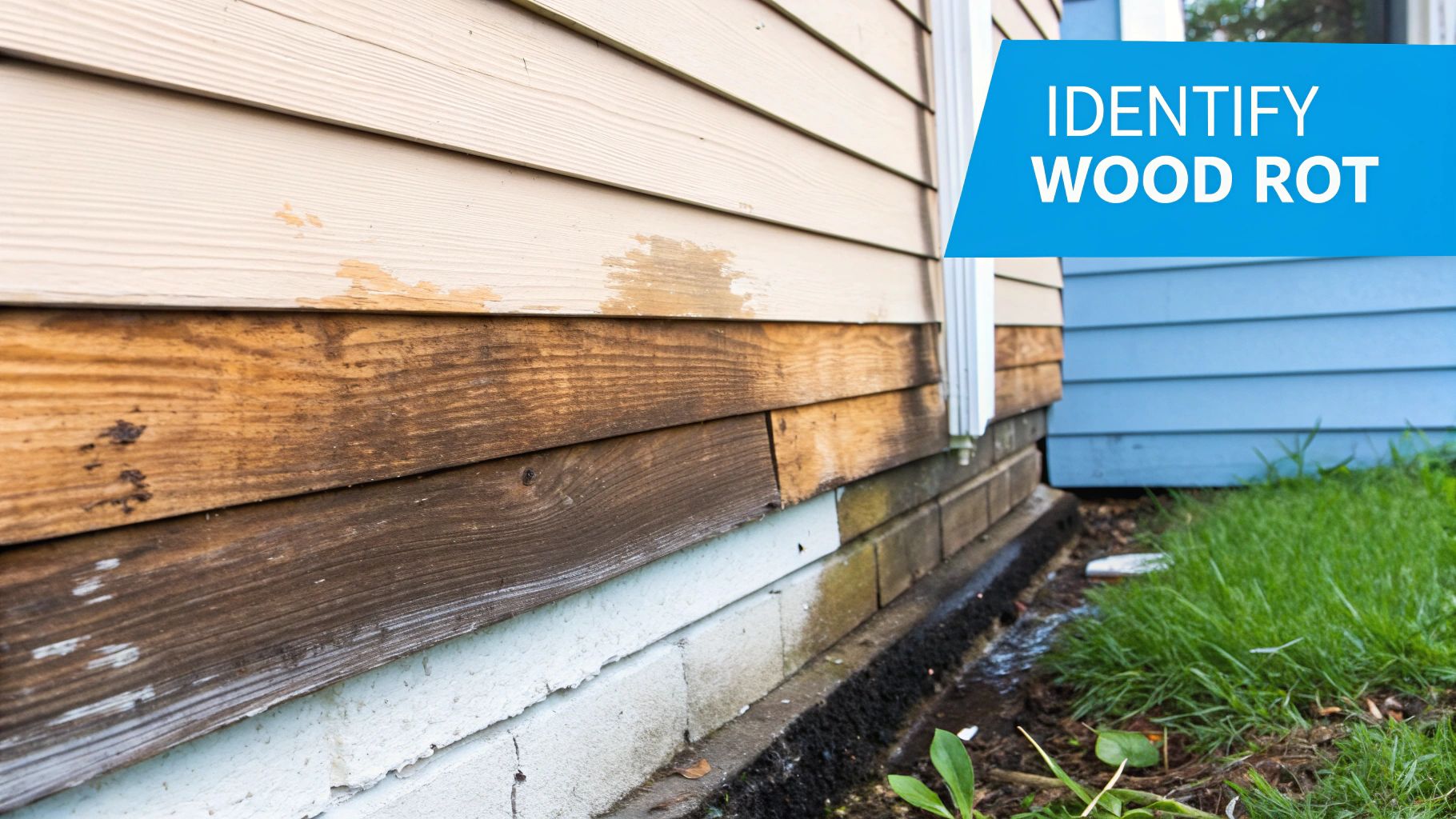 Close-up of rotted wood siding on a house, showing texture and decay.