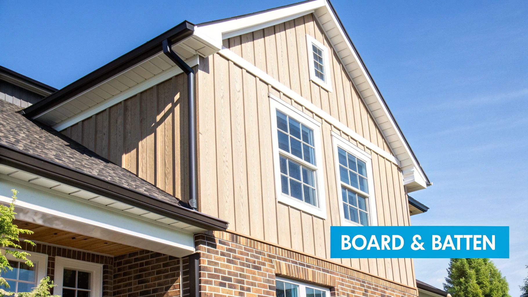 A modern home featuring clean, white board and batten siding.