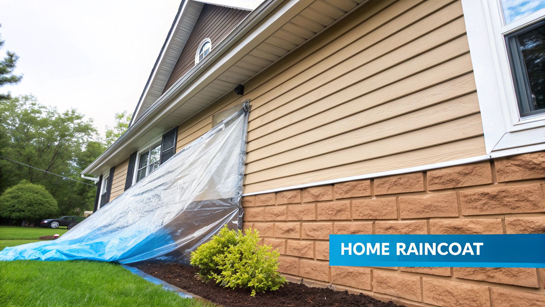 A partially constructed home showing the white house wrap material covering the exterior walls before siding is installed.