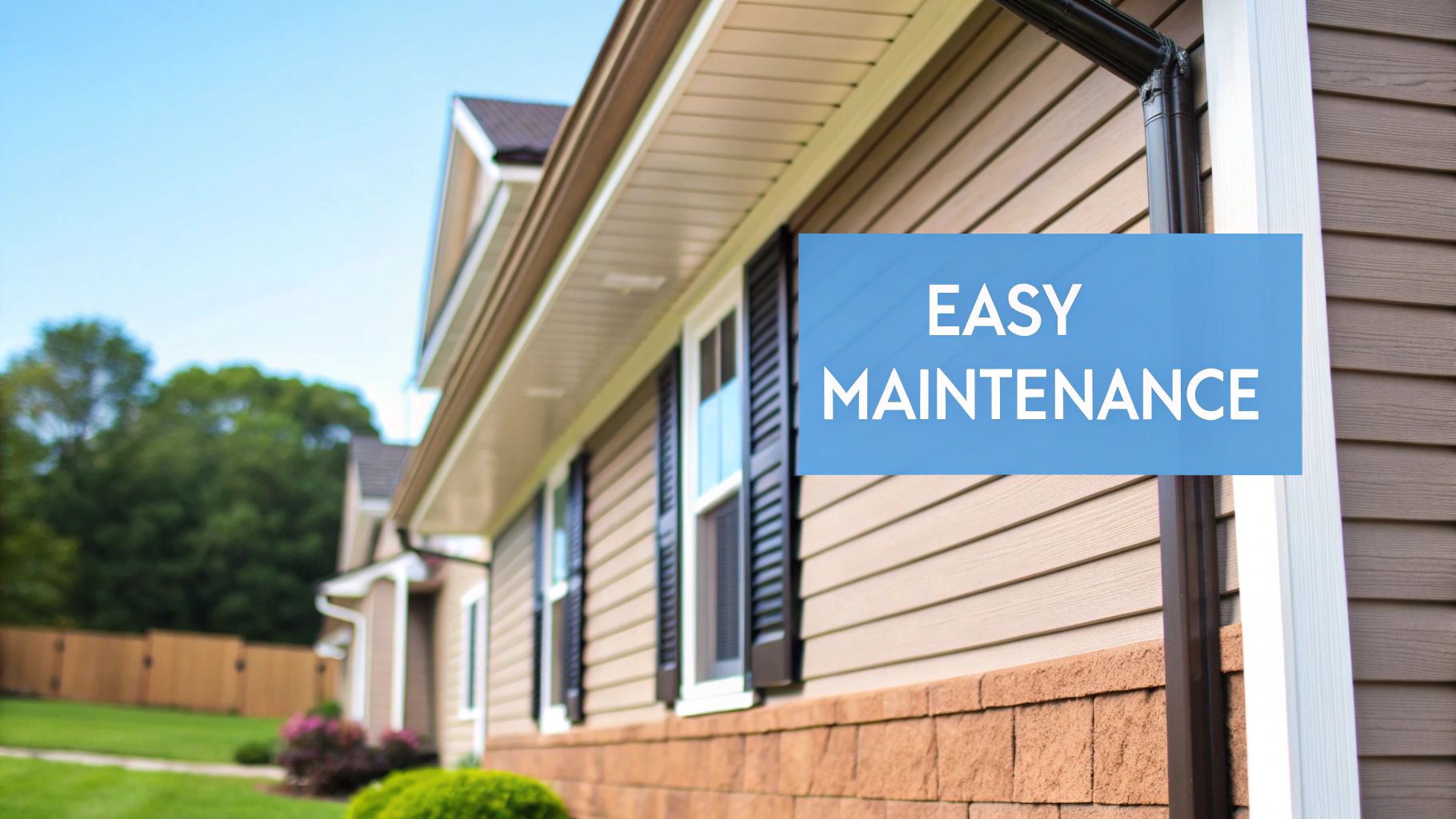 A modern home with sleek, dark siding under a clear blue sky