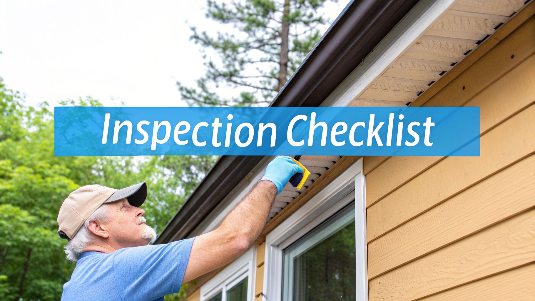 Close-up of a hand inspecting cedar siding on a house