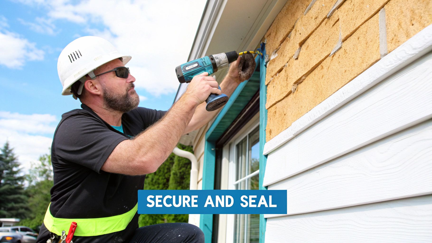 A contractor carefully nailing J channel around a window frame.